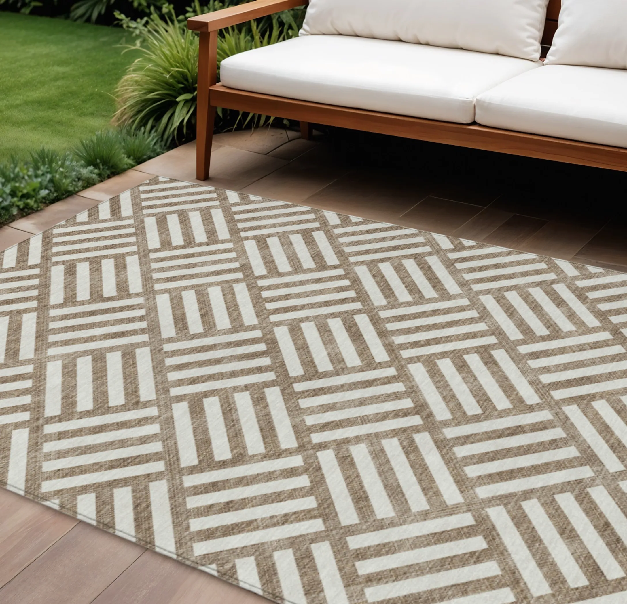 10' X 14' Brown And Ivory Geometric Washable Indoor Outdoor Area Rug