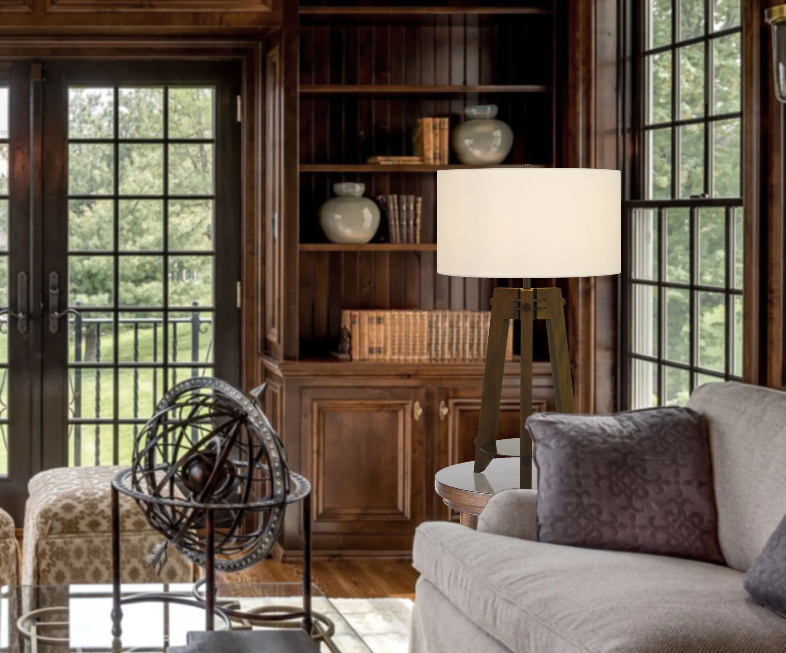 32" Brown Metal Tripod Table Lamp With Off White Drum Shade - Image 4