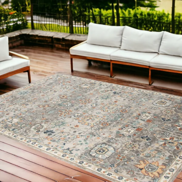 9' X 12' Blue and Orange Floral Stain Resistant Indoor Outdoor Area Rug