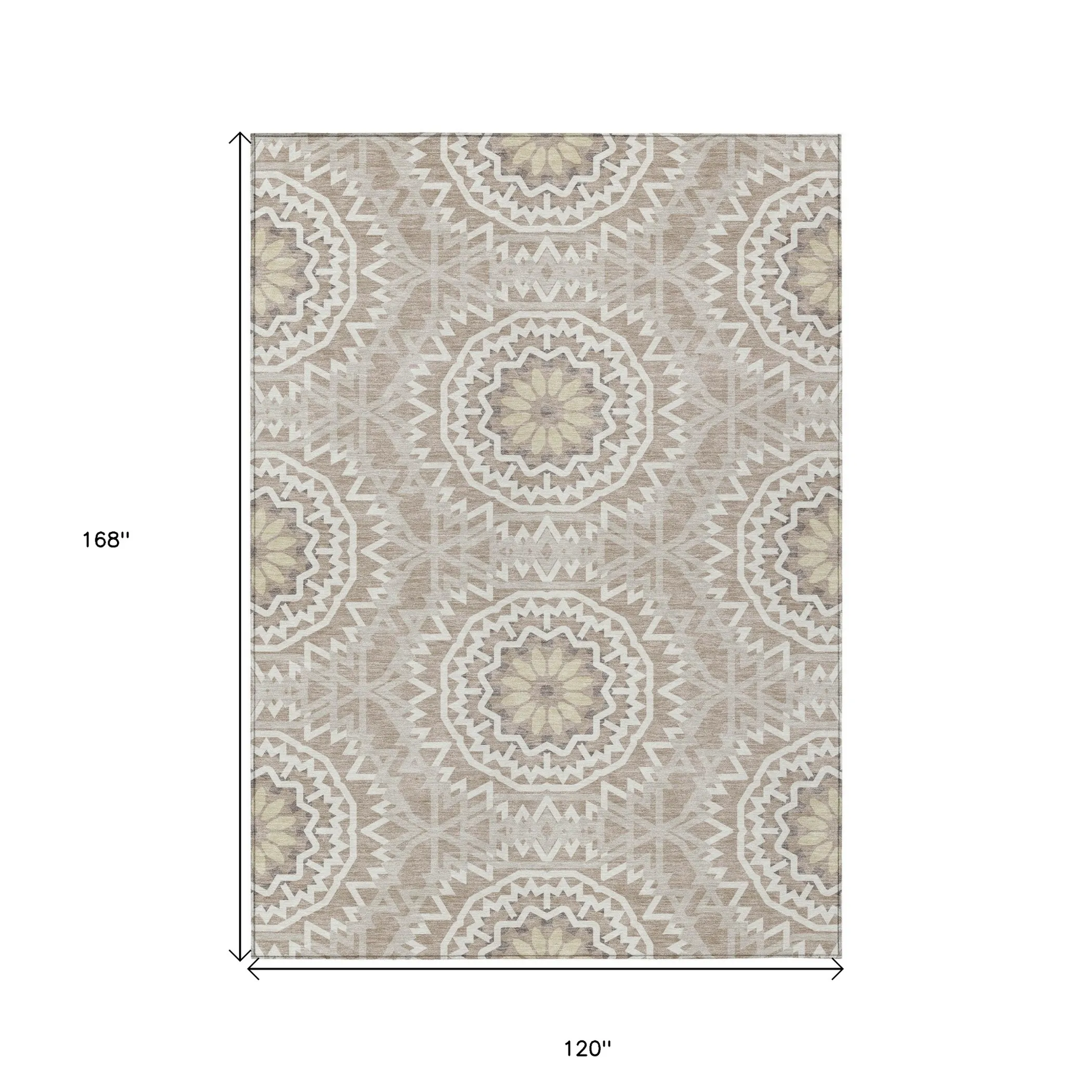10' X 14' Taupe Khaki And Ivory Floral Medallion Washable Indoor Outdoor Area Rug - Image 3