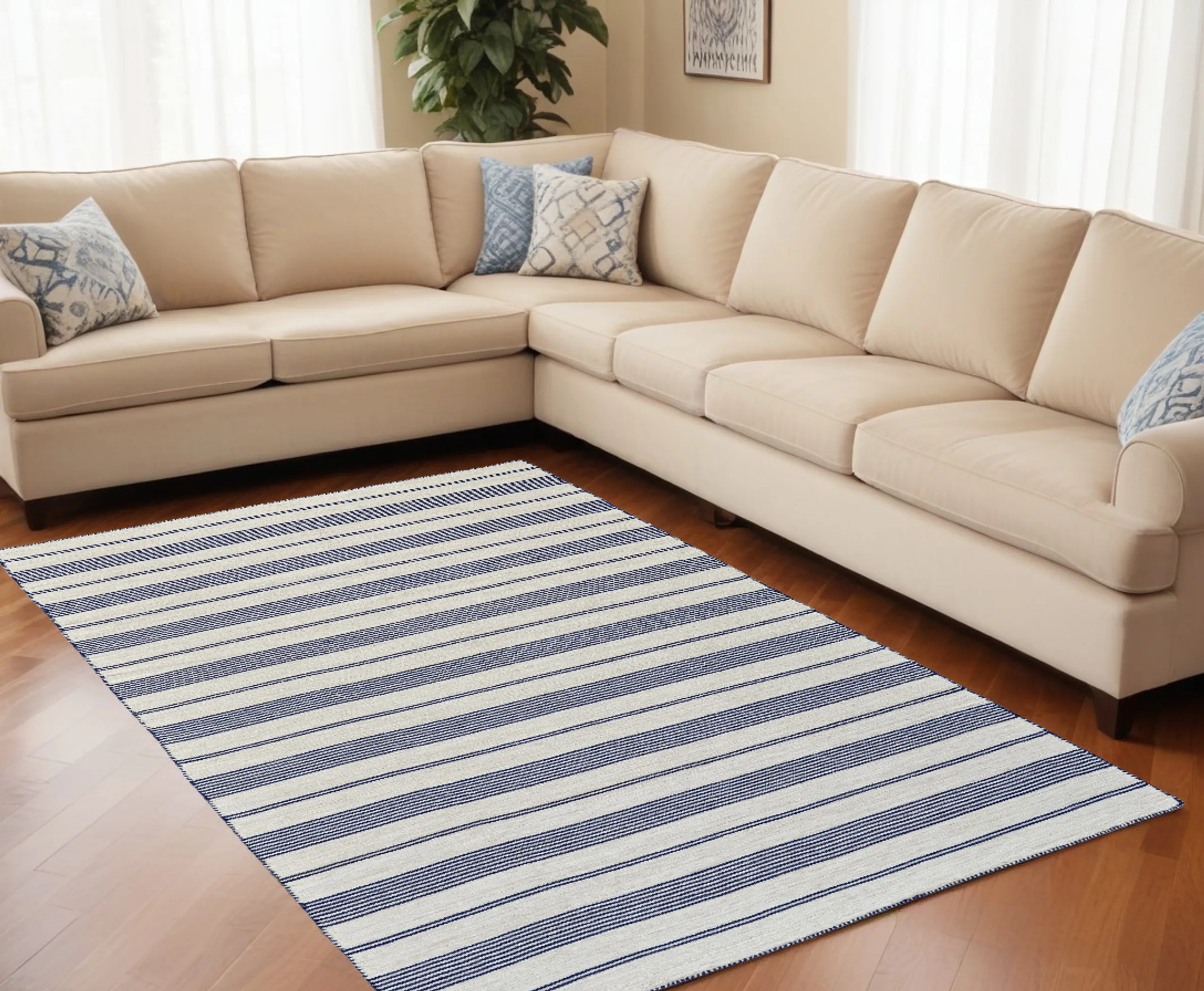 8' X 11' Blue And Ivory Striped Dhurrie Hand Woven Stain Resistant Area Rug