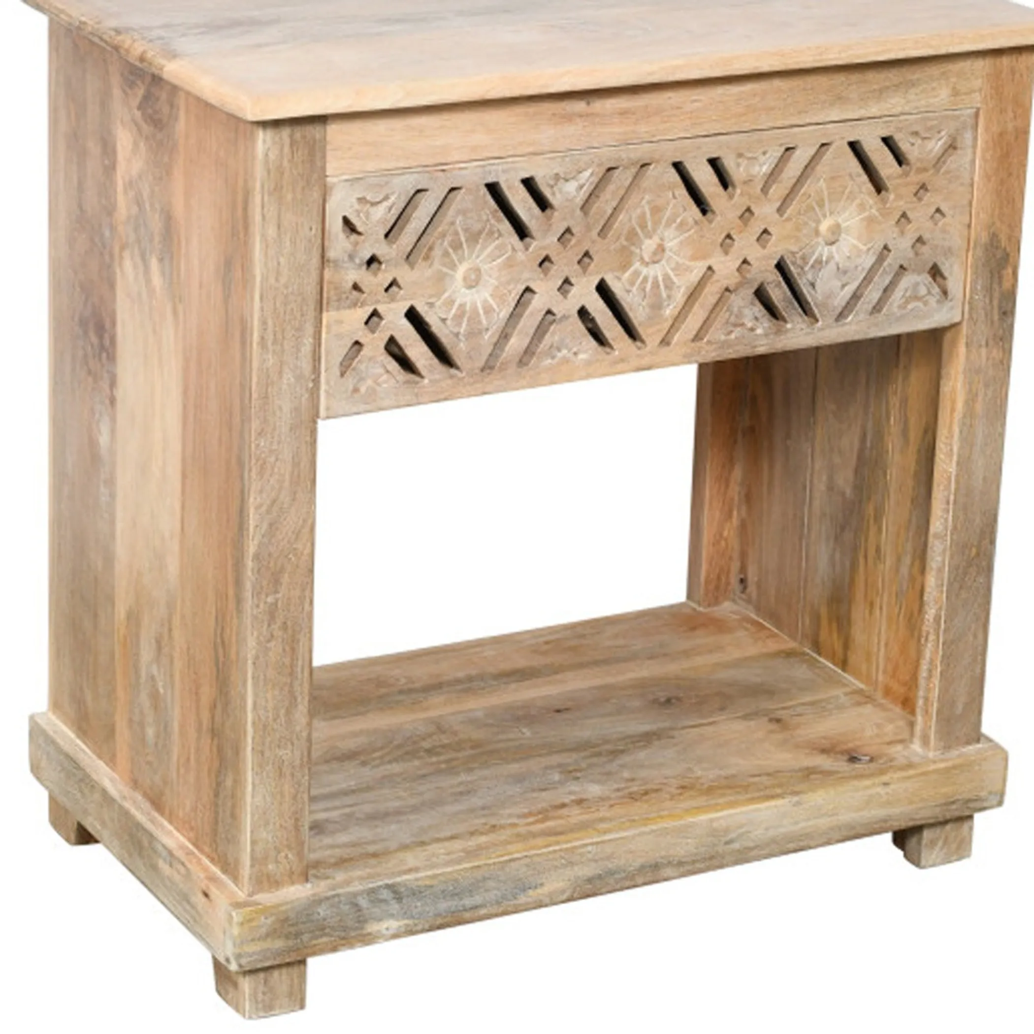 28" Natural Solid Wood Carved Geometric One Drawer Nightstand - Image 6