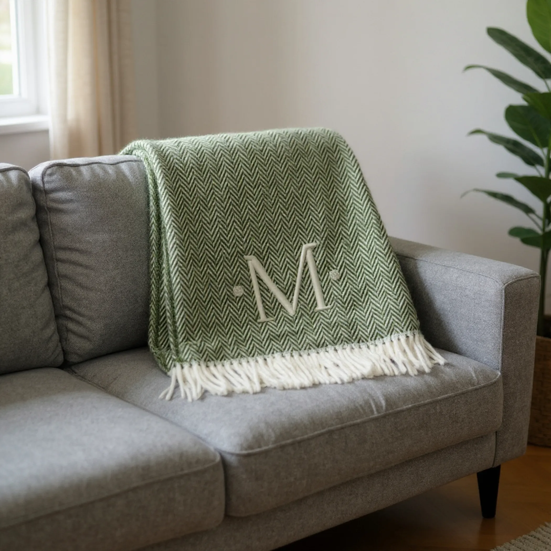 Herringbone Cotton Blend M Initial Throw Blanket with Tassels And Embroidery - Image 2