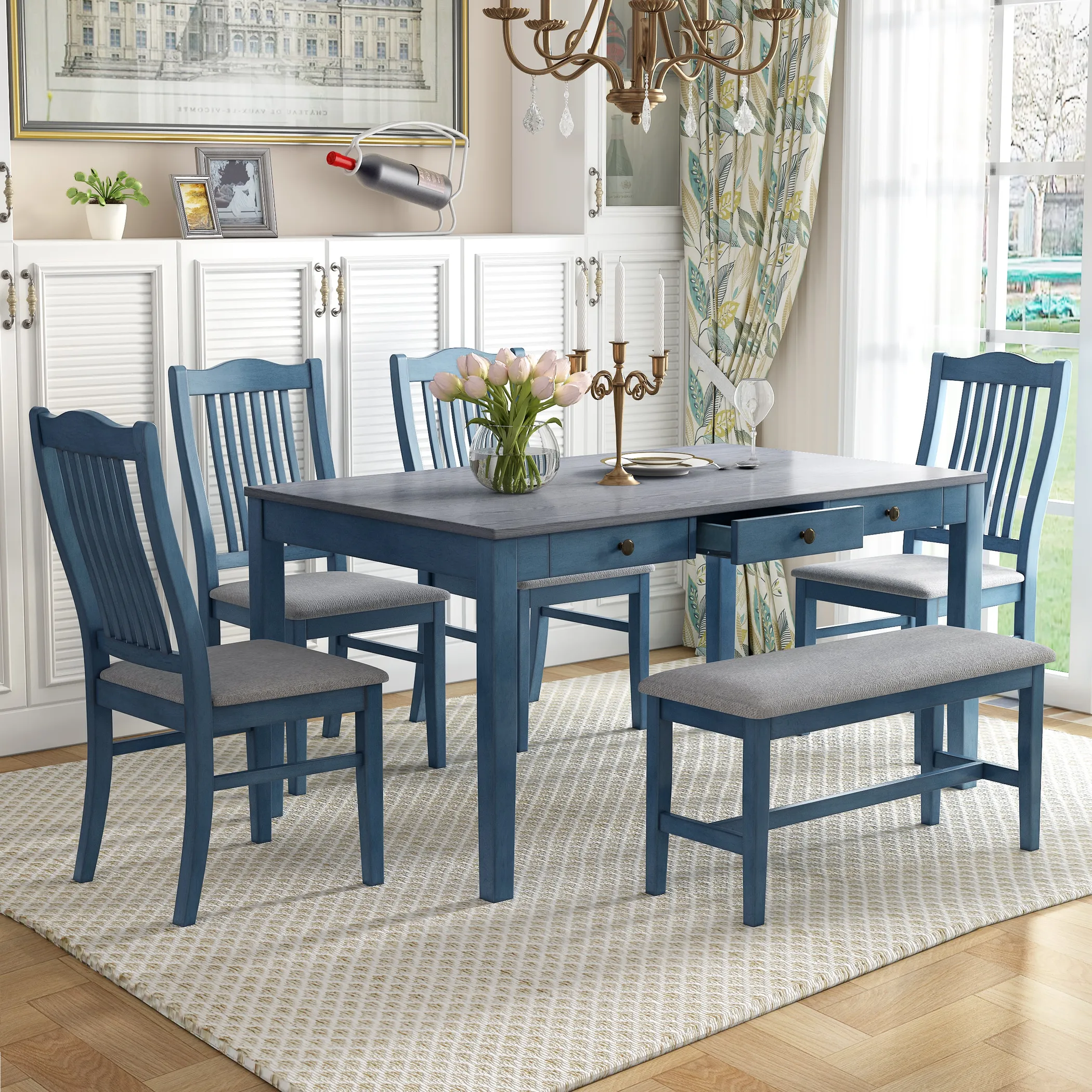 Mid-Century 6-Piece Wood Dining Table Set - Image 2