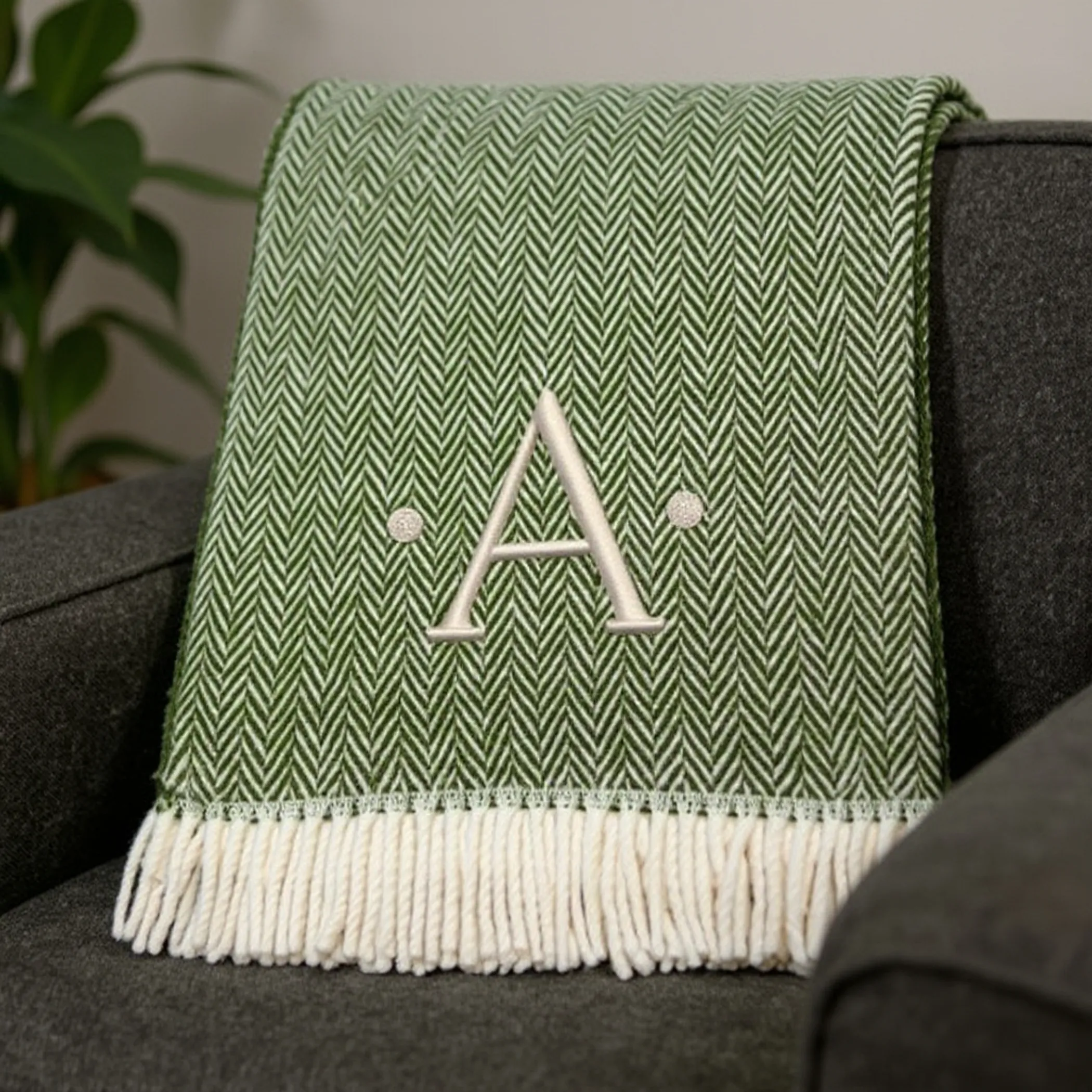 Herringbone Cotton Blend A Initial Throw Blanket with Tassels And Embroidery - Image 2