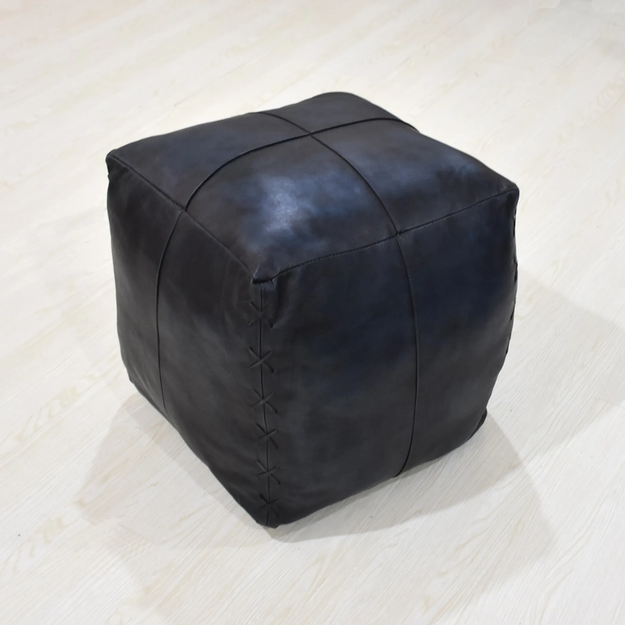 Solid Handmade Goat Leather Square Pouf (Recycled Cotton Fill) - Image 2