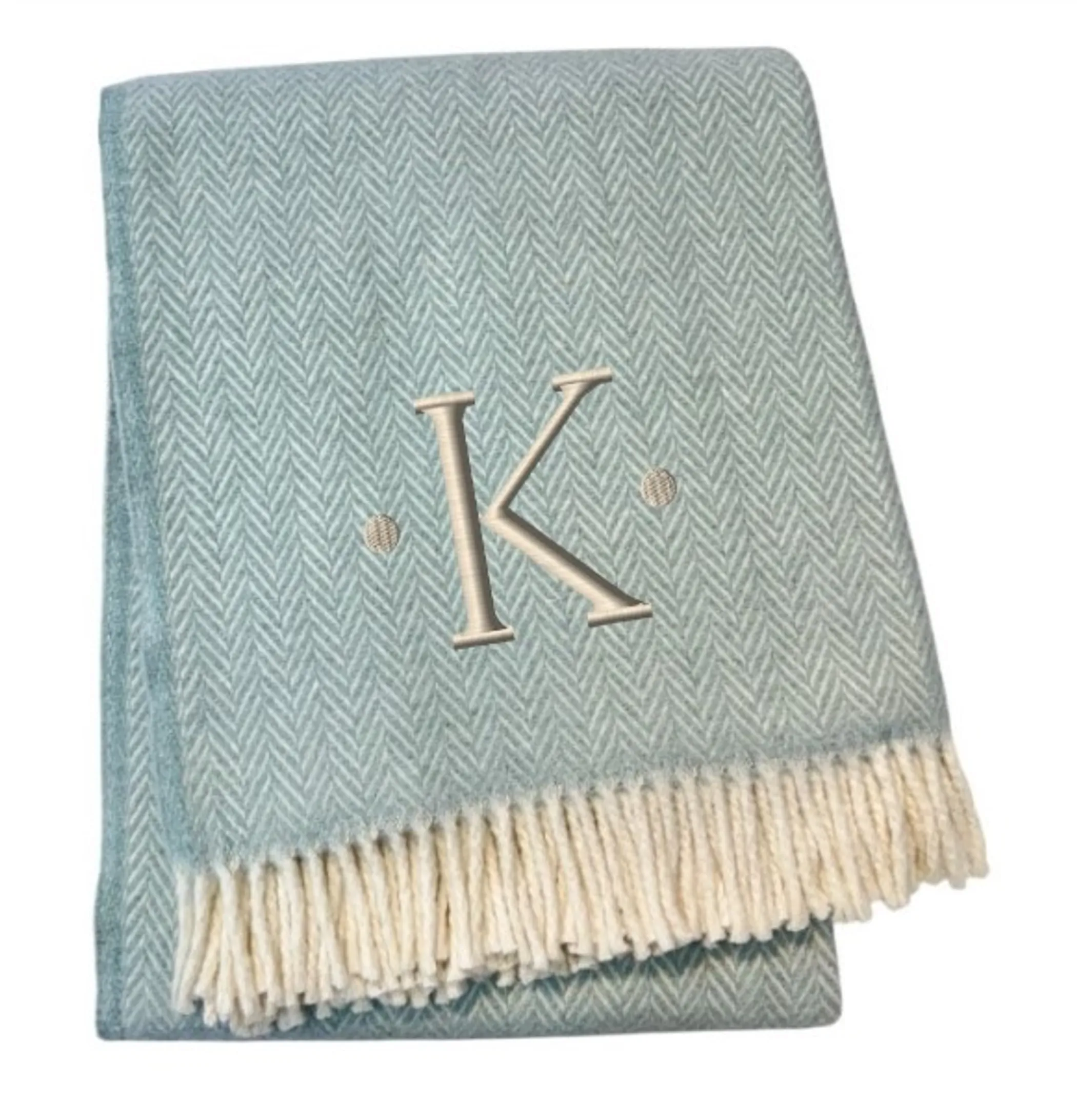 Herringbone Cotton Blend K Initial Throw Blanket with Tassels And Embroidery - Image 3