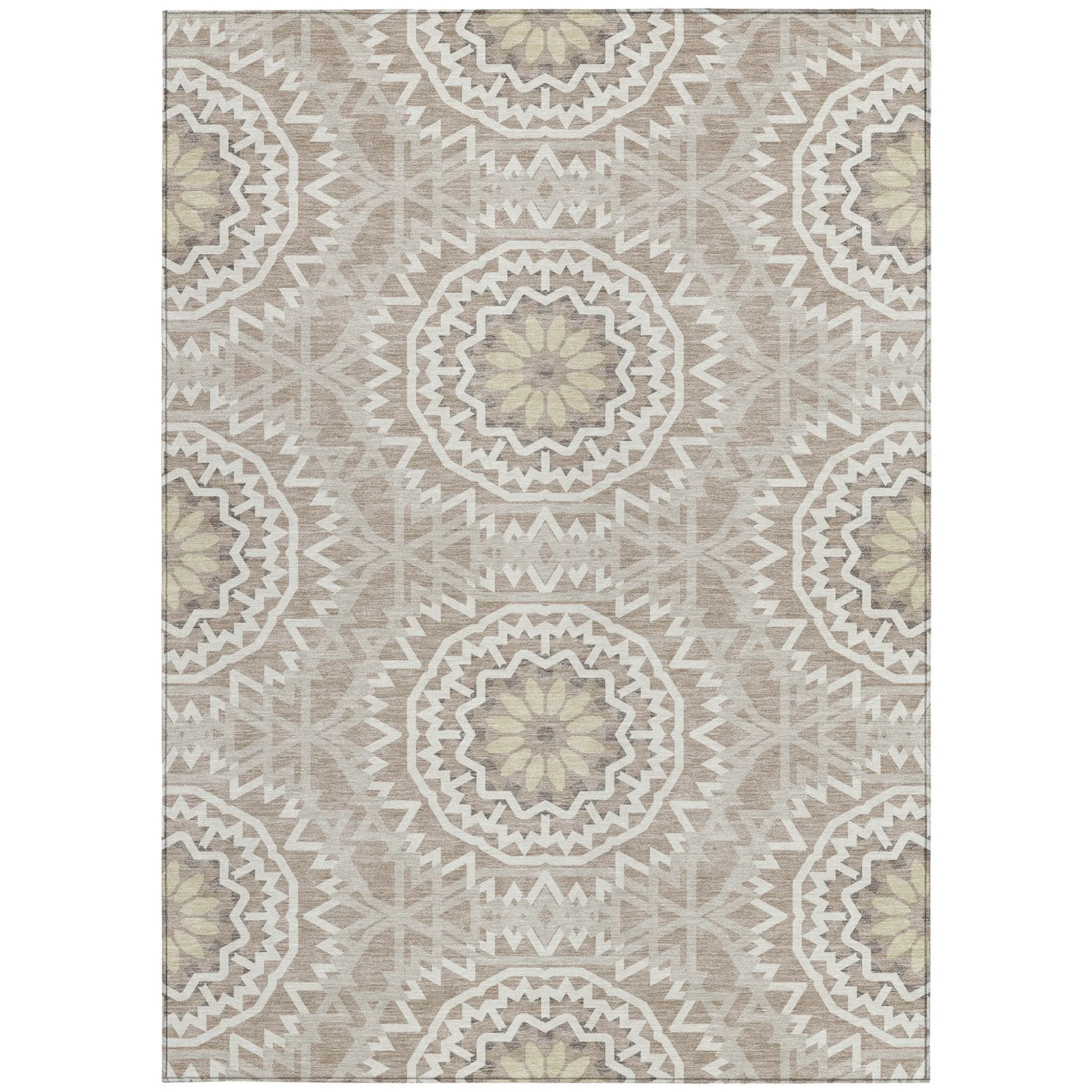 10' X 14' Taupe Khaki And Ivory Floral Medallion Washable Indoor Outdoor Area Rug - Image 5