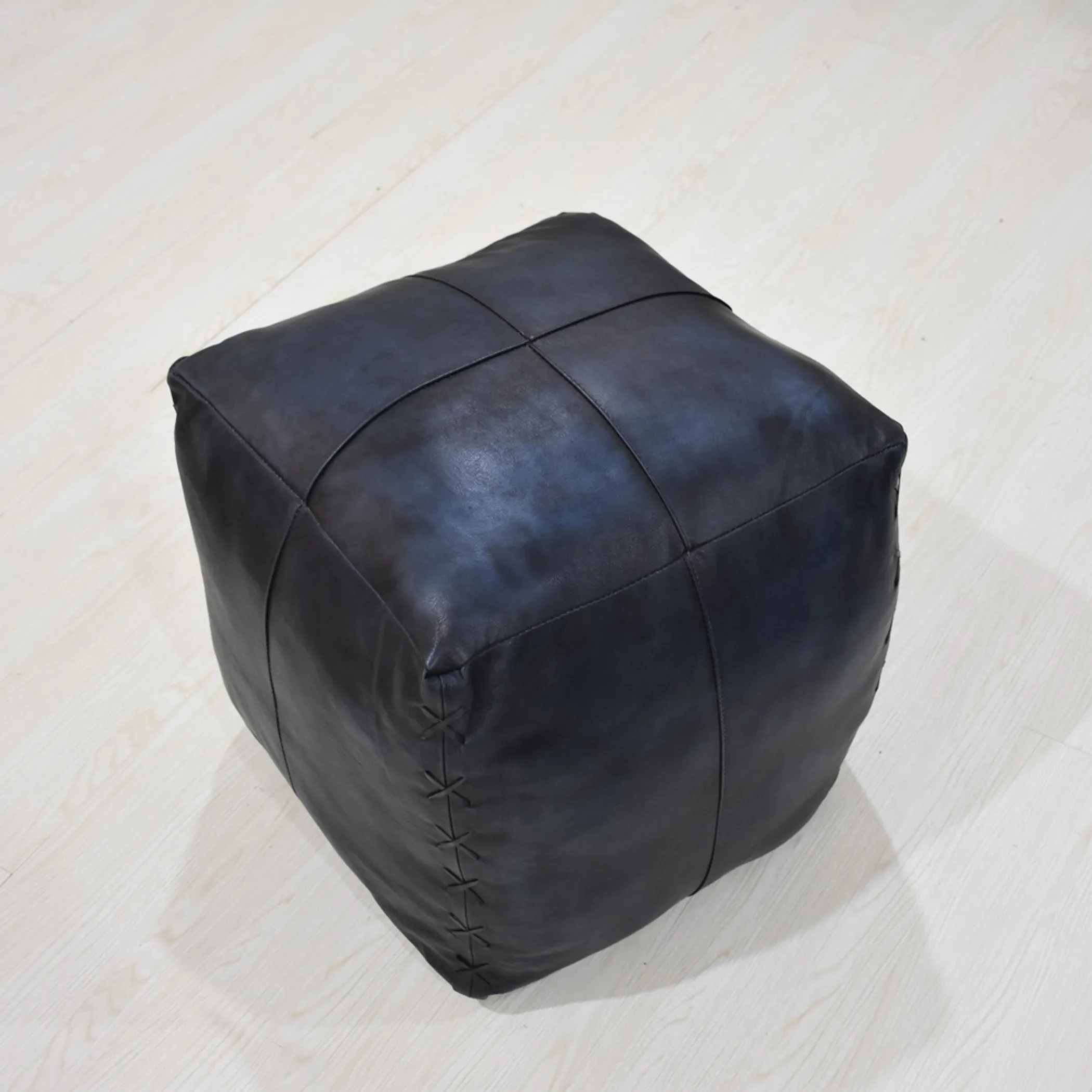 Solid Handmade Goat Leather Square Pouf (Recycled Cotton Fill) - Image 3