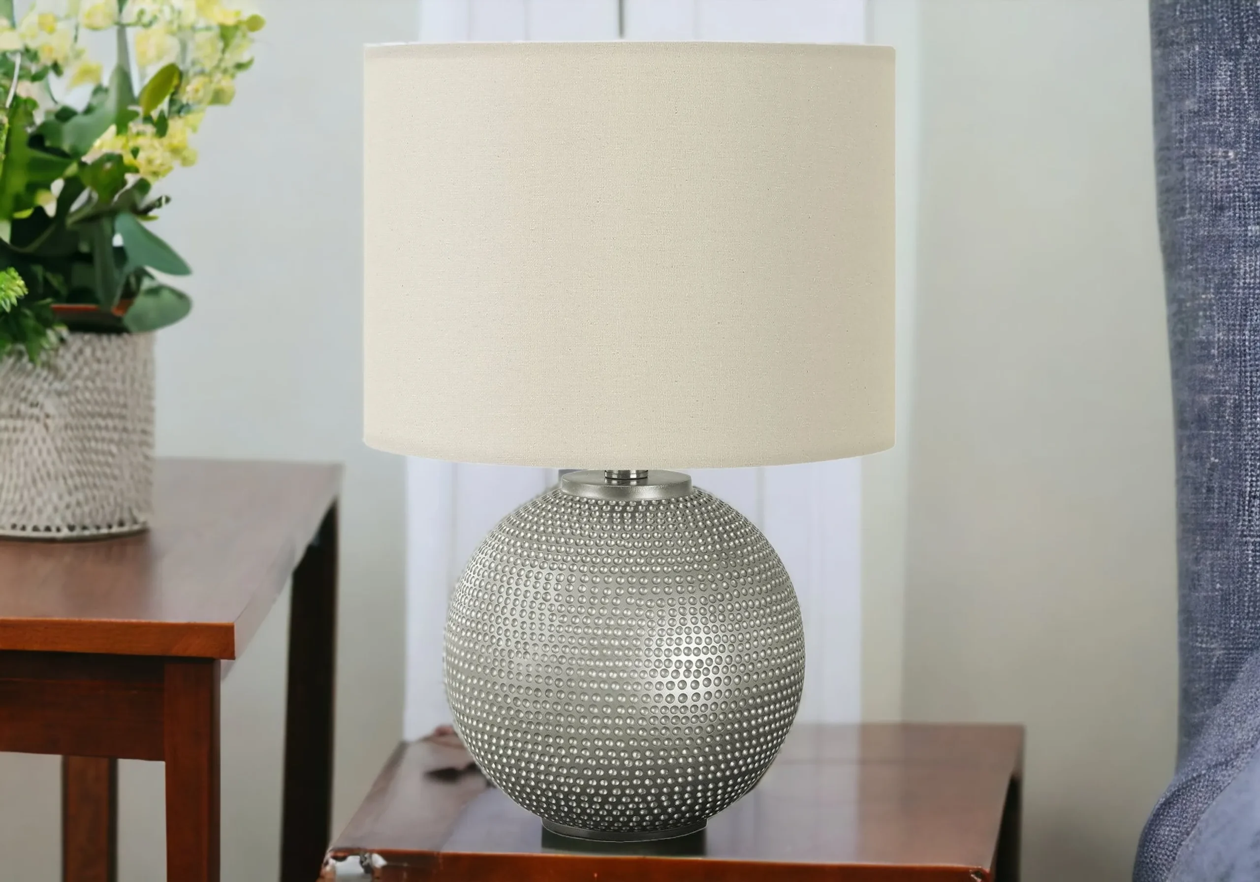 19" Gray Round Table Lamp With Ivory Drum Shade - Image 2