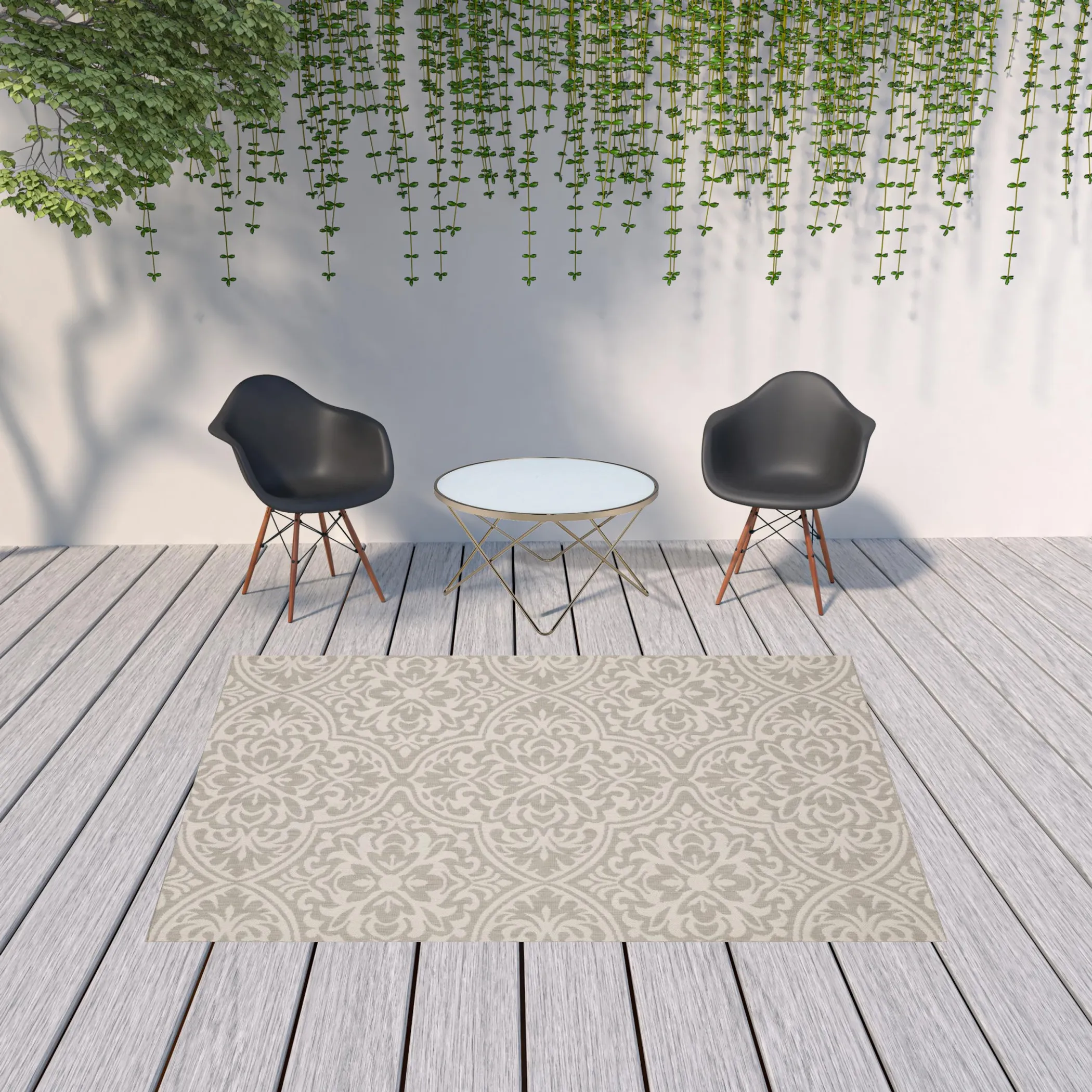7' X 9' Gray and Ivory Floral Stain Resistant Indoor Outdoor Area Rug - Image 3