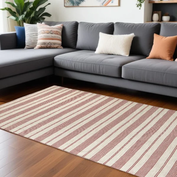 10' X 14' Red And Ivory Striped Dhurrie Hand Woven Stain Resistant Area Rug
