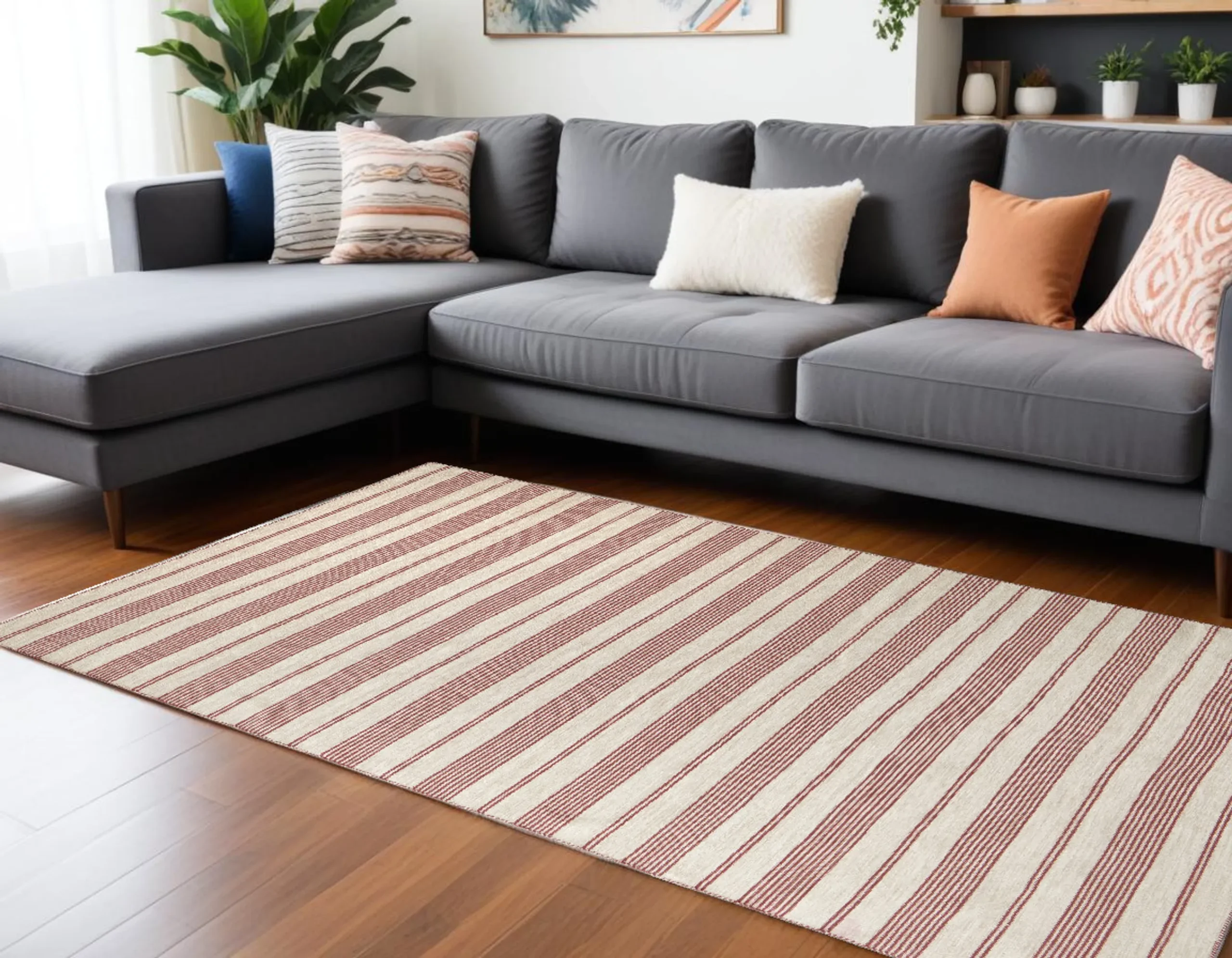 10' X 14' Red And Ivory Striped Dhurrie Hand Woven Stain Resistant Area Rug