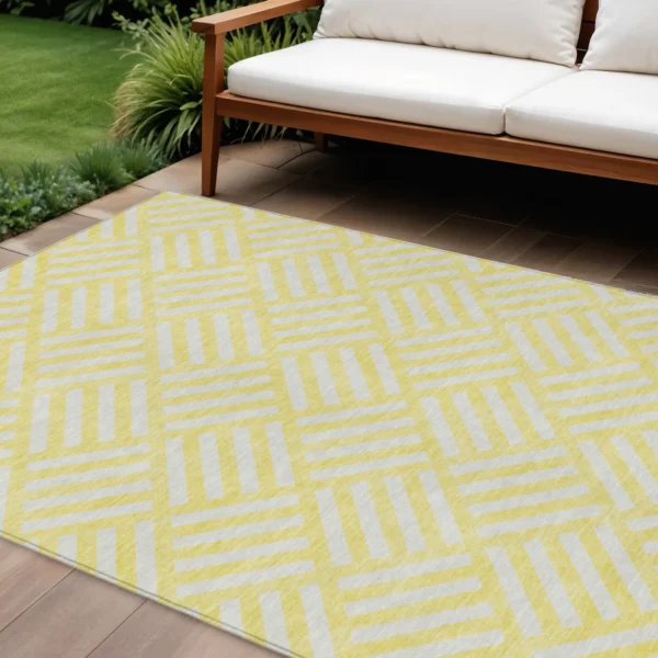 10' X 14' Yellow And Ivory Geometric Washable Indoor Outdoor Area Rug