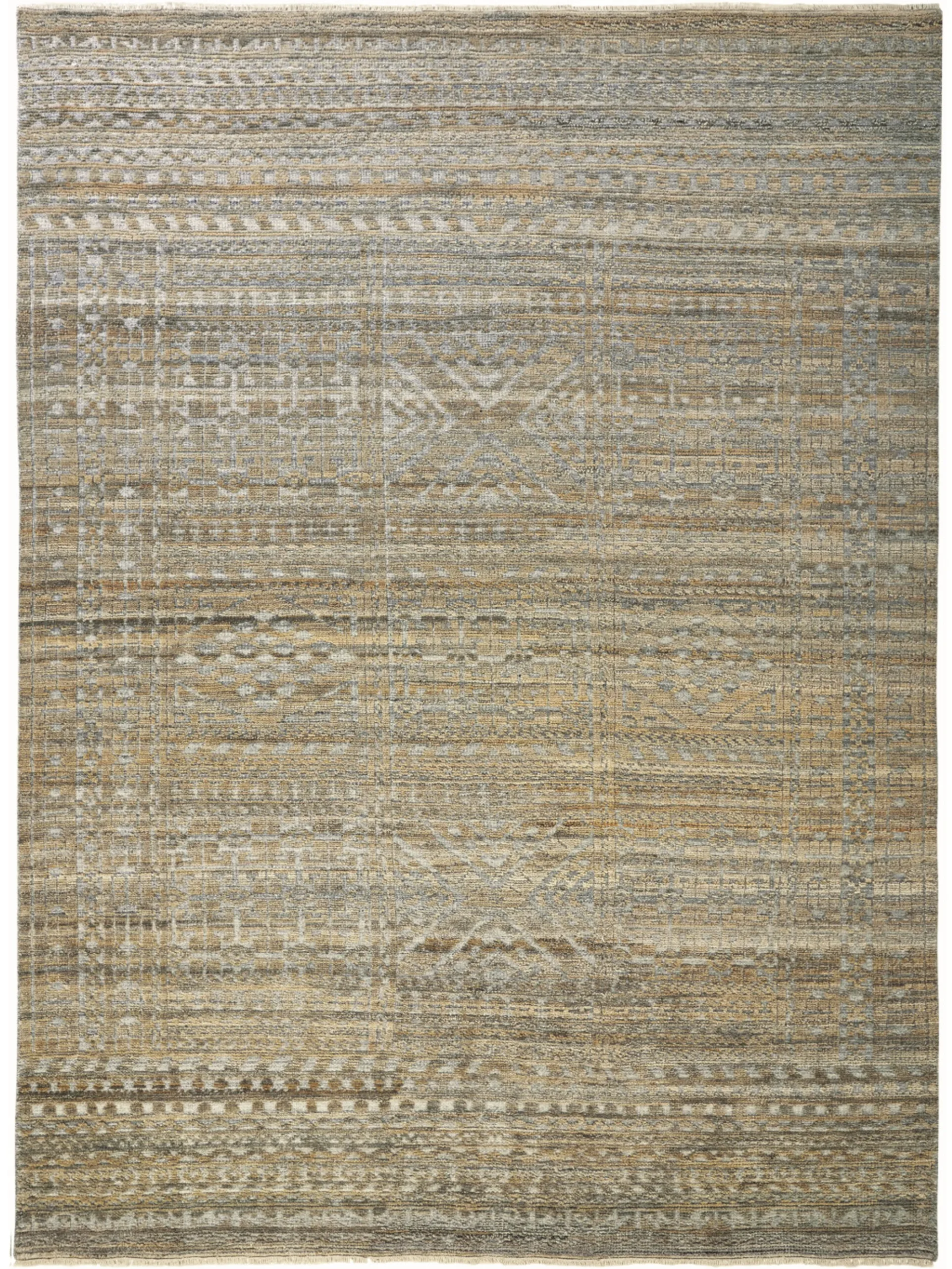 6' X 9' Gold and Tan Geometric Hand Knotted Worn Faded Area Rug - Image 3