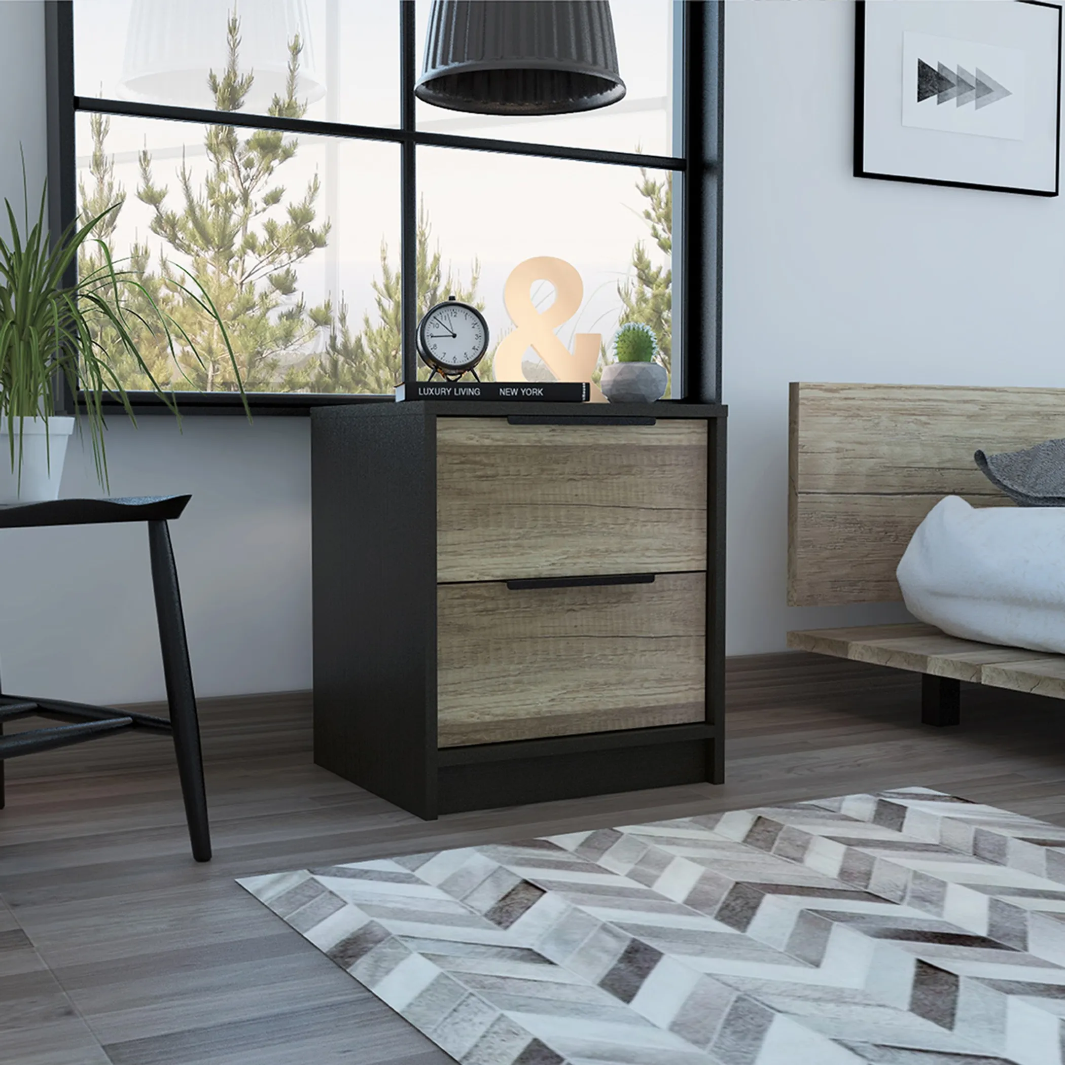 Black Open Compartment Two Drawer Nightstand - Image 4