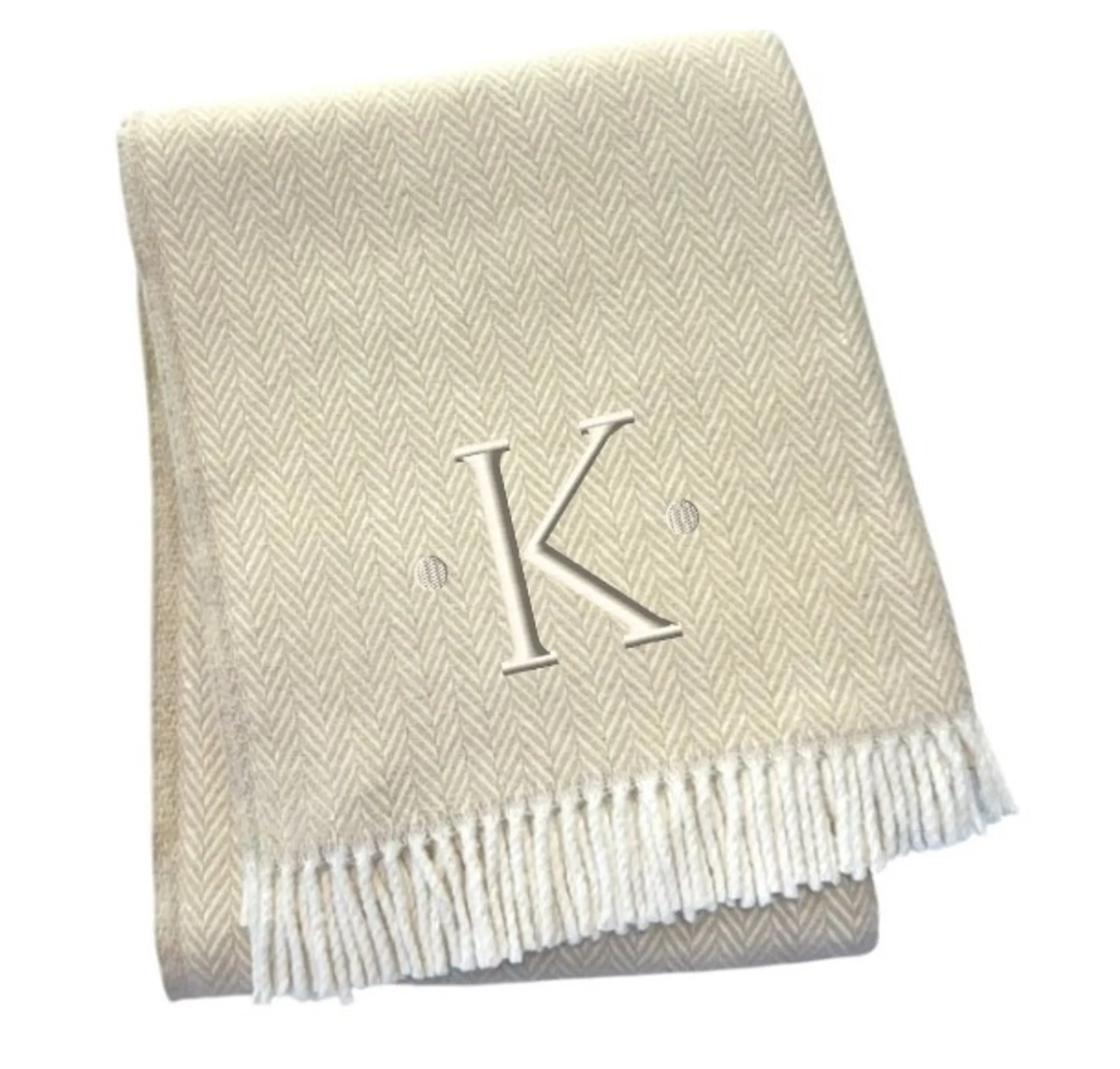 Herringbone Cotton Blend K Initial Throw Blanket with Tassels And Embroidery - Image 3
