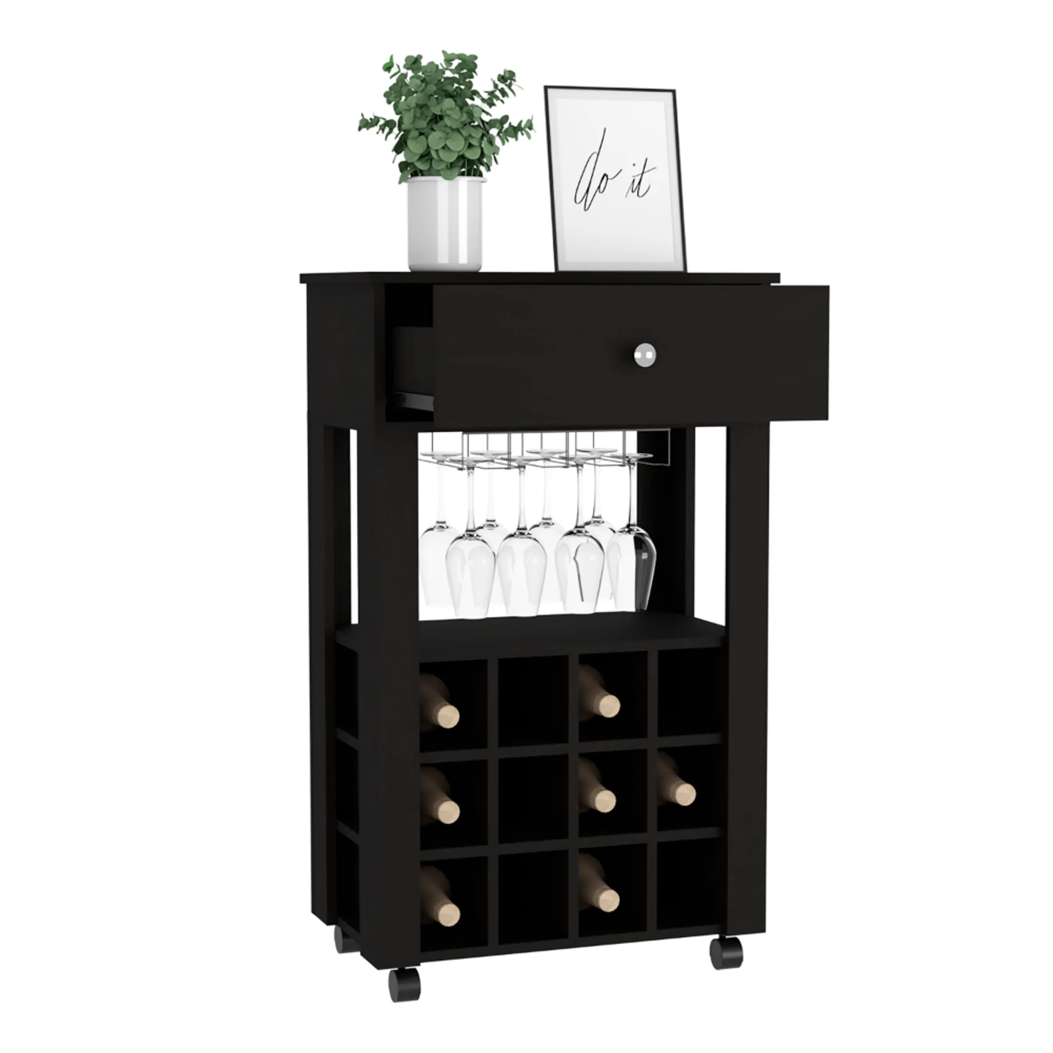 Memphis Bar Cart, Twelve Wine Cubbies, Four Legs, One Open Shelf - Image 2