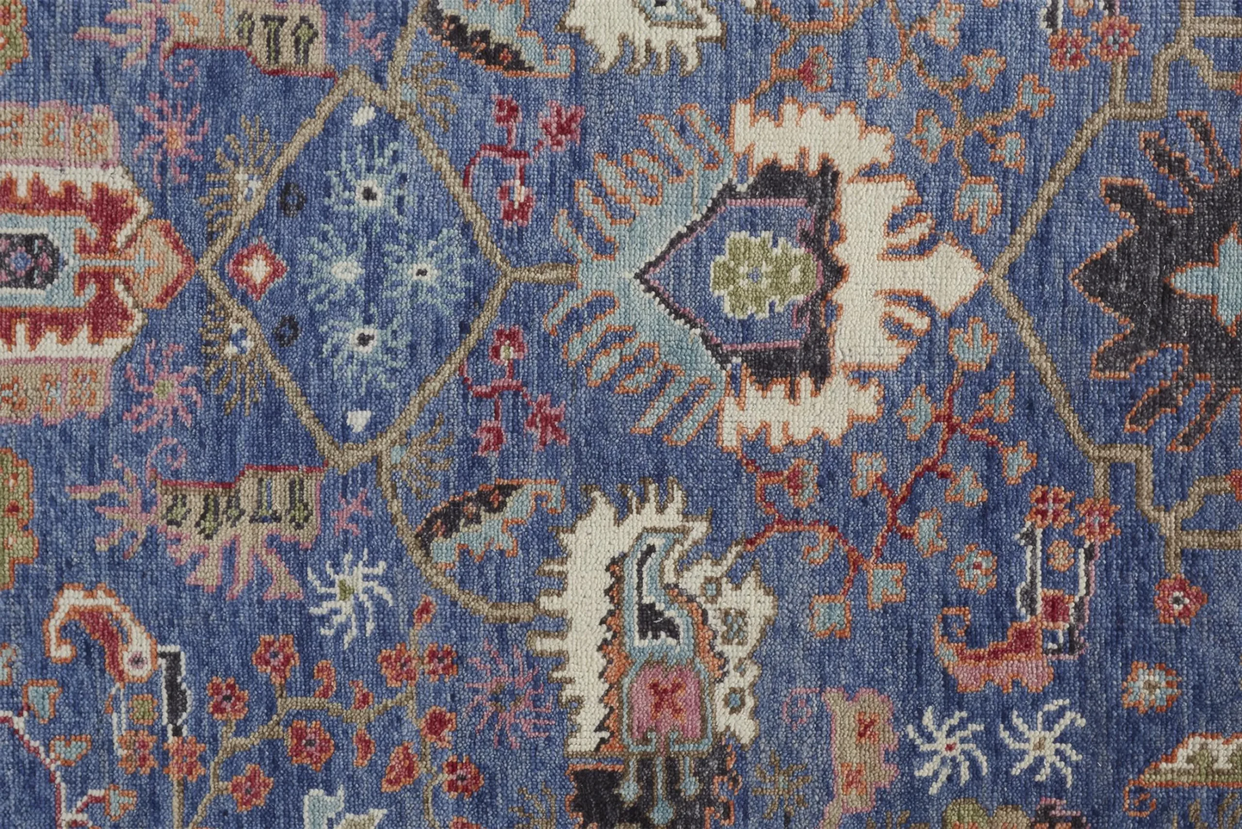8' Blue and Beige Wool Floral Hand Knotted Runner Rug With Fringe - Image 4