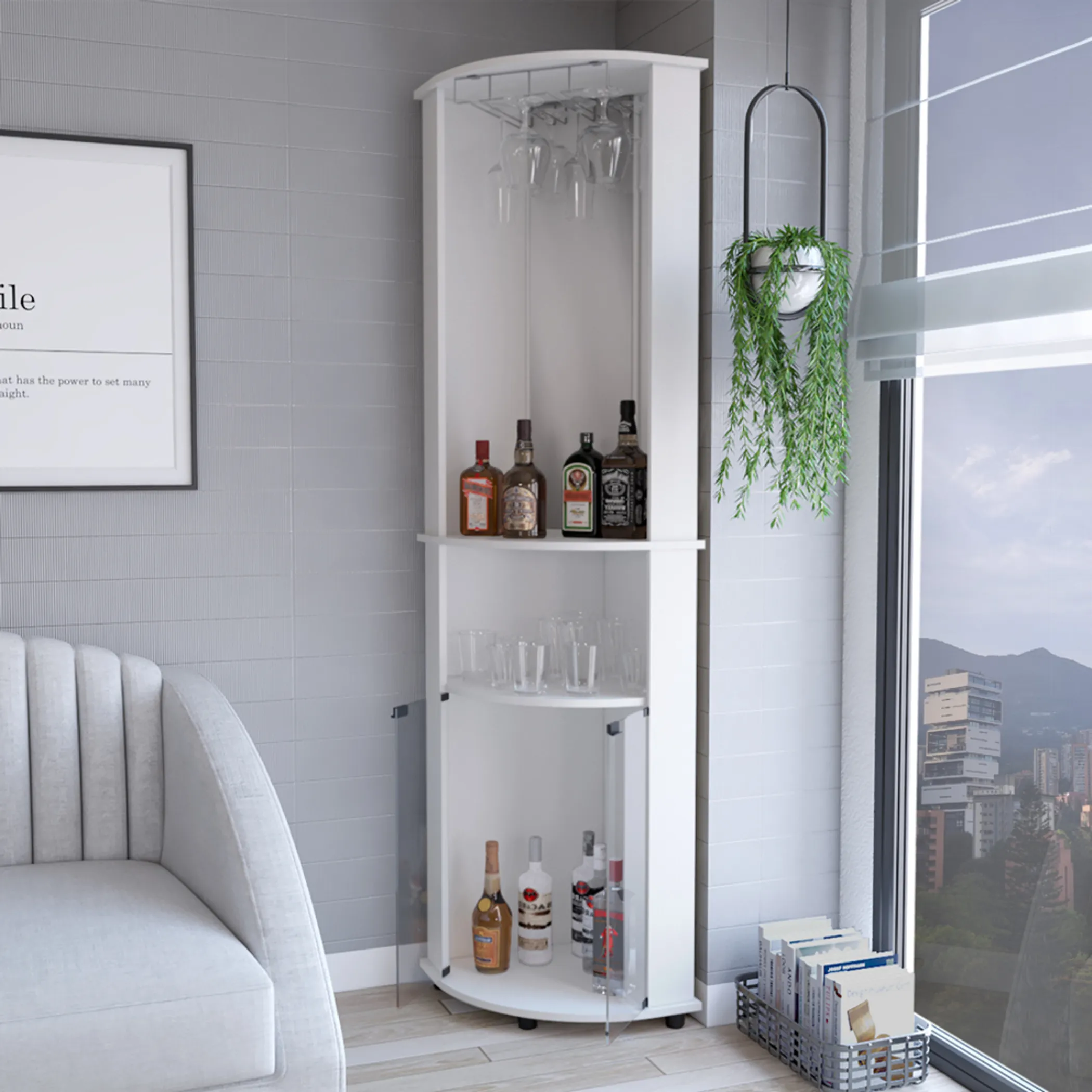75" White Wood Corner Bar Cabinet With Three Shelves - Image 6