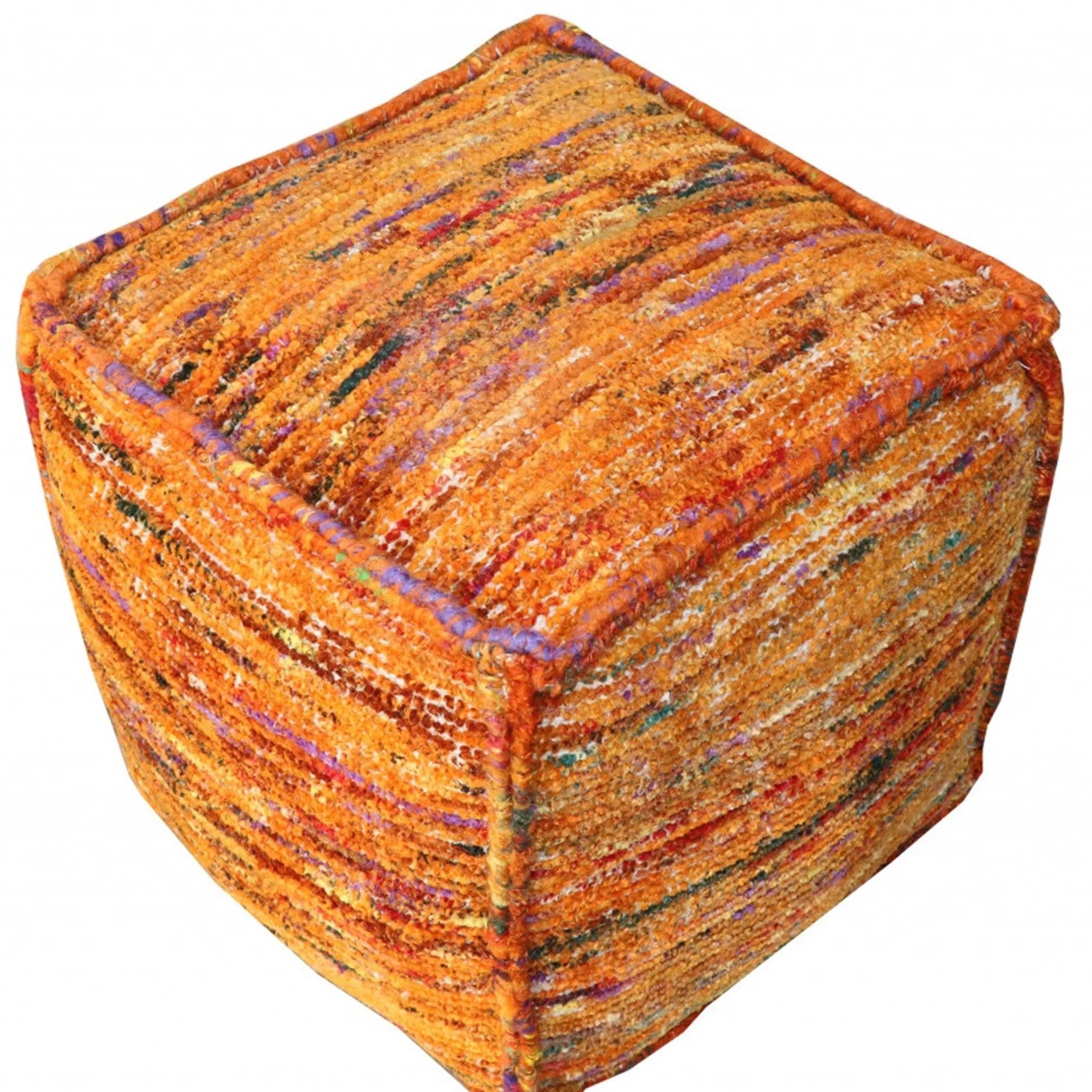 18" Orange Recycled Silk and Cotton Blend Cube Pouf Ottoman - Image 4