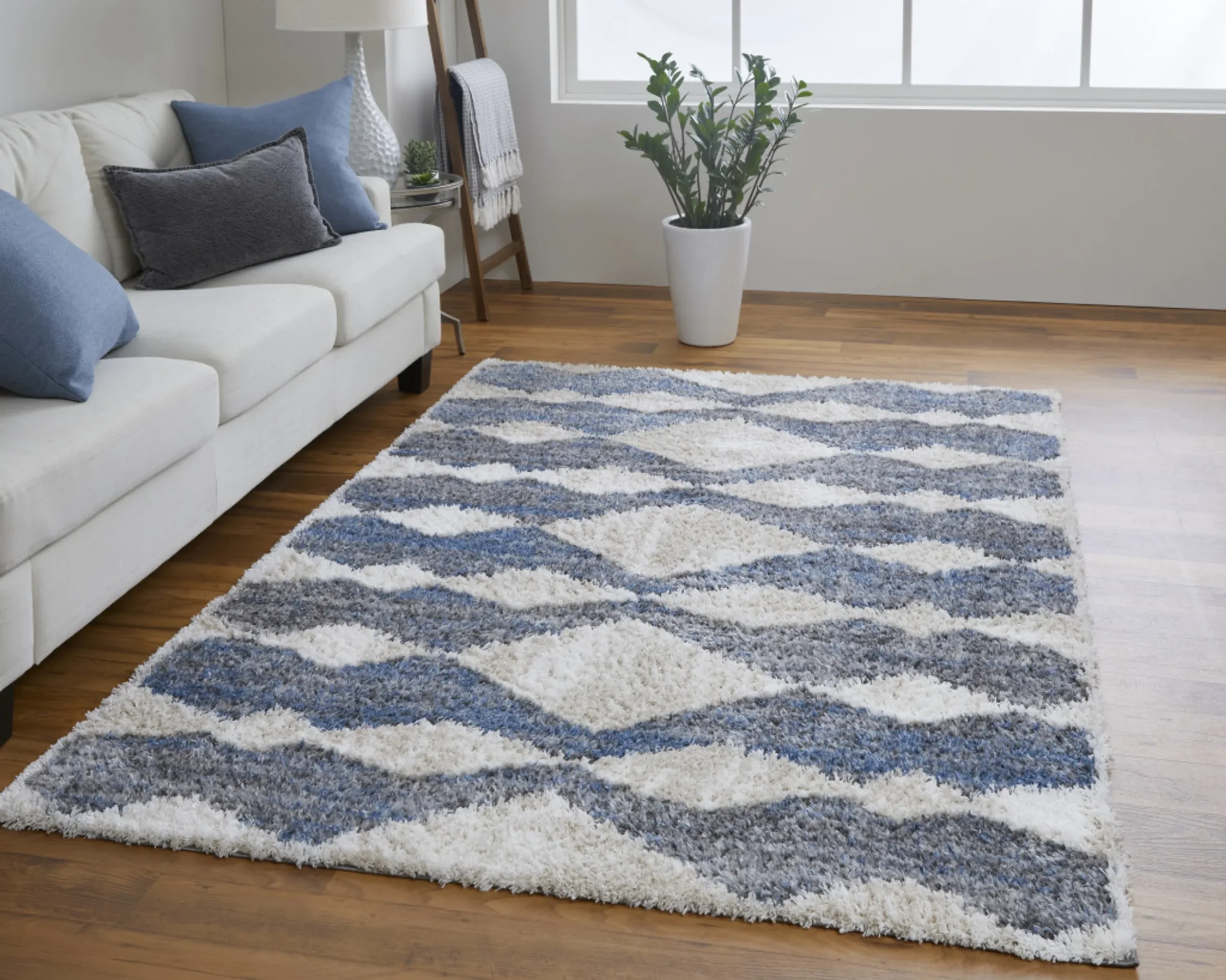 5' X 8' Ivory Gray And Blue Chevron Power Loom Stain Resistant Area Rug - Image 6
