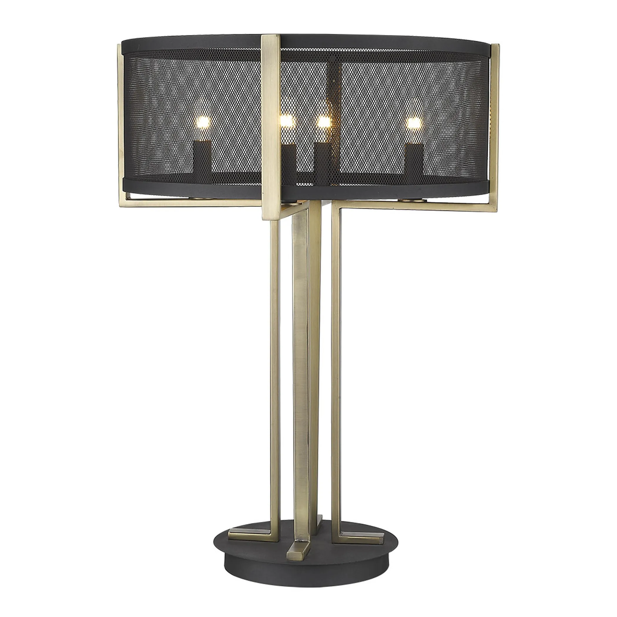 25" Brass Metal Four Light Geometric Table Lamp With Black Drum Shade - Image 3