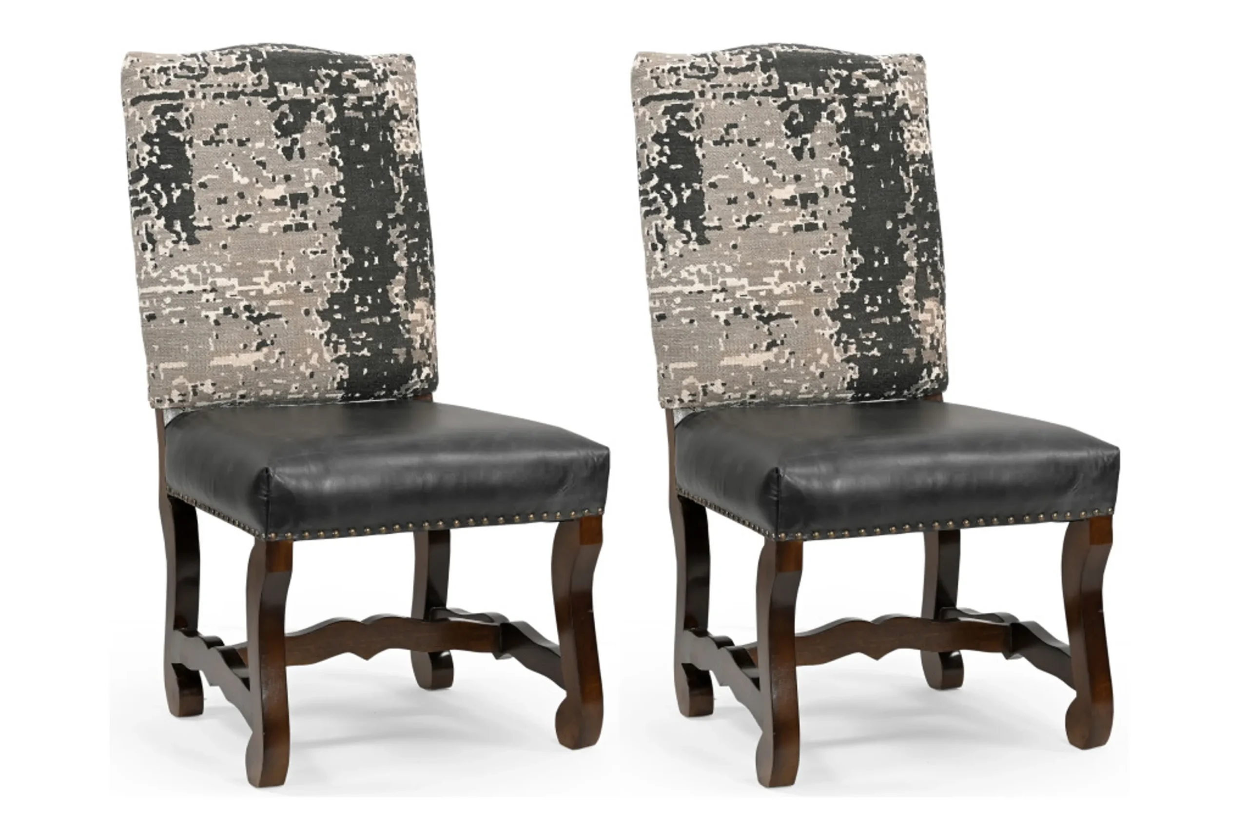 Set of Two Black Gray And Dark Brown Solid Wood Upholstered Chenille And Leather Dining Side Chairs - Image 2
