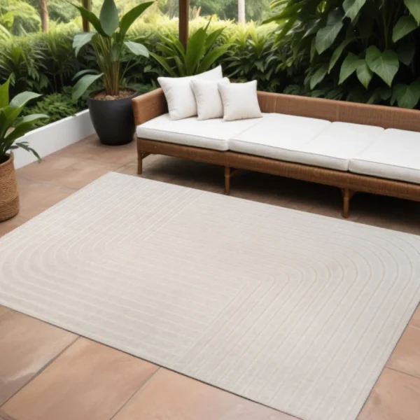 12' X 18' Ivory And Cream Striped Indoor Outdoor Area Rug