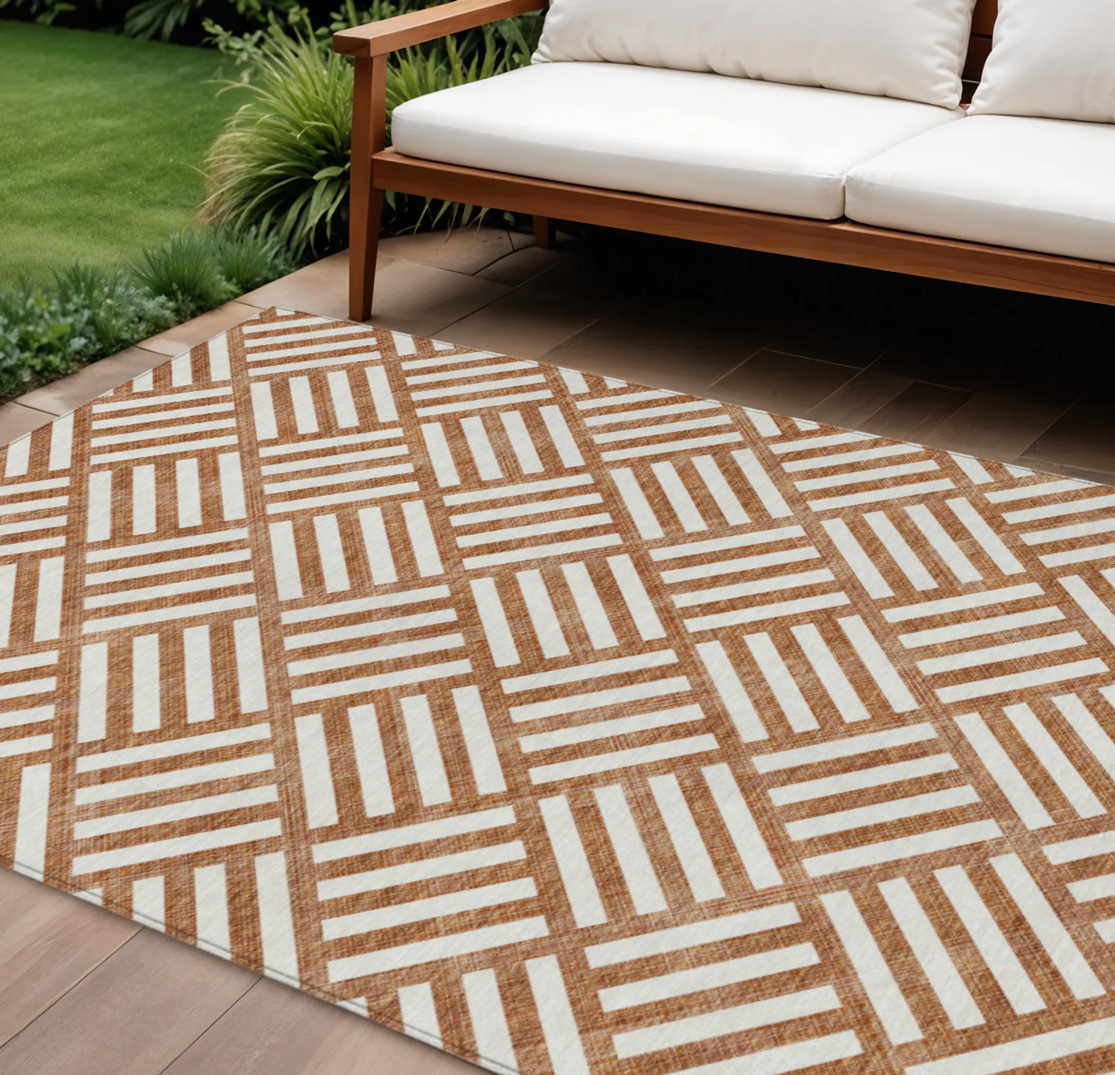 10' X 14' Orange And Ivory Geometric Washable Indoor Outdoor Area Rug