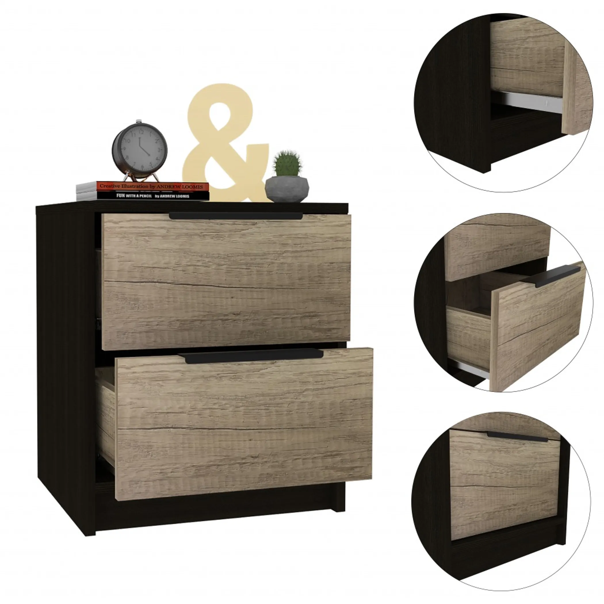 Black Open Compartment Two Drawer Nightstand - Image 3