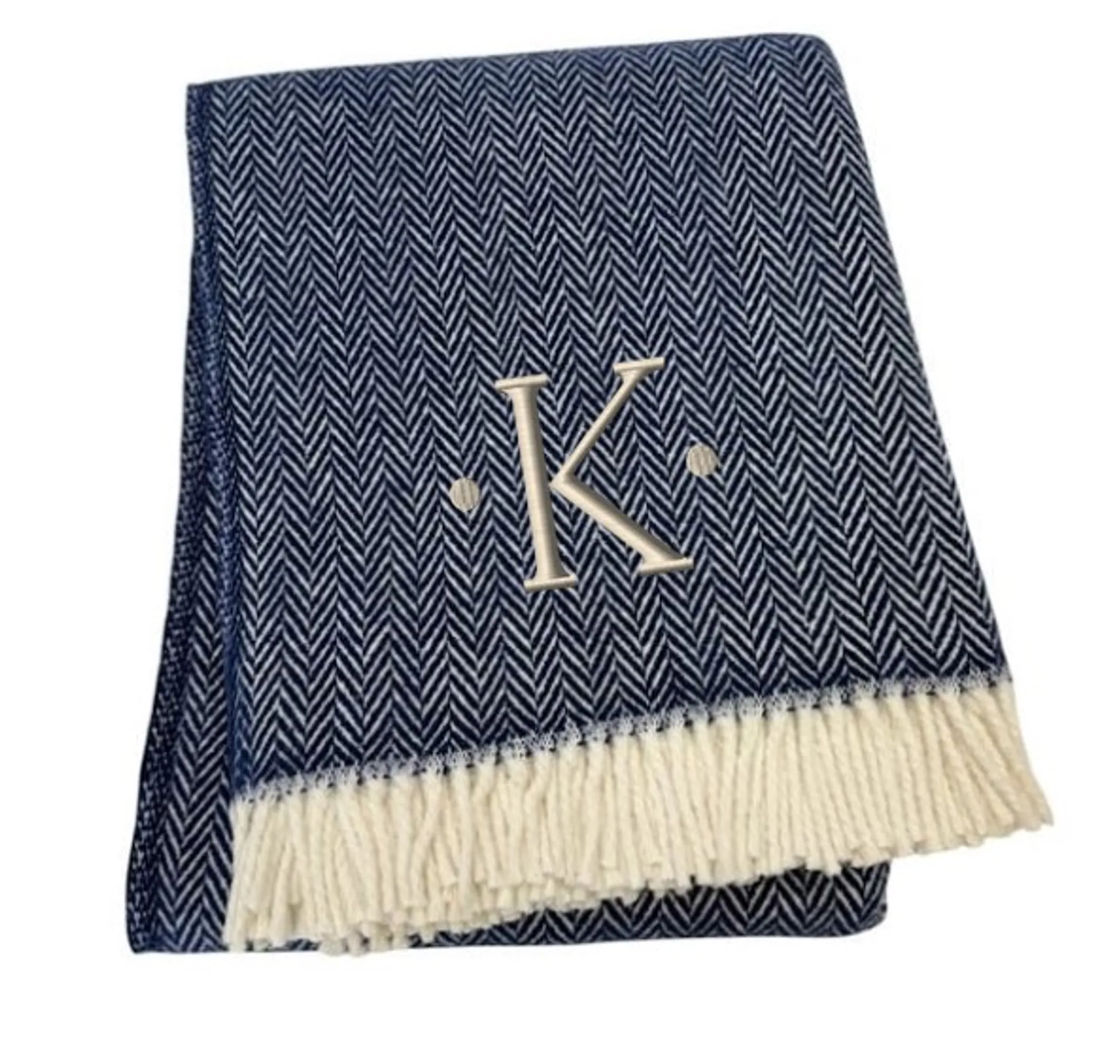 Herringbone Cotton Blend K Initial Throw Blanket with Tassels And Embroidery - Image 3
