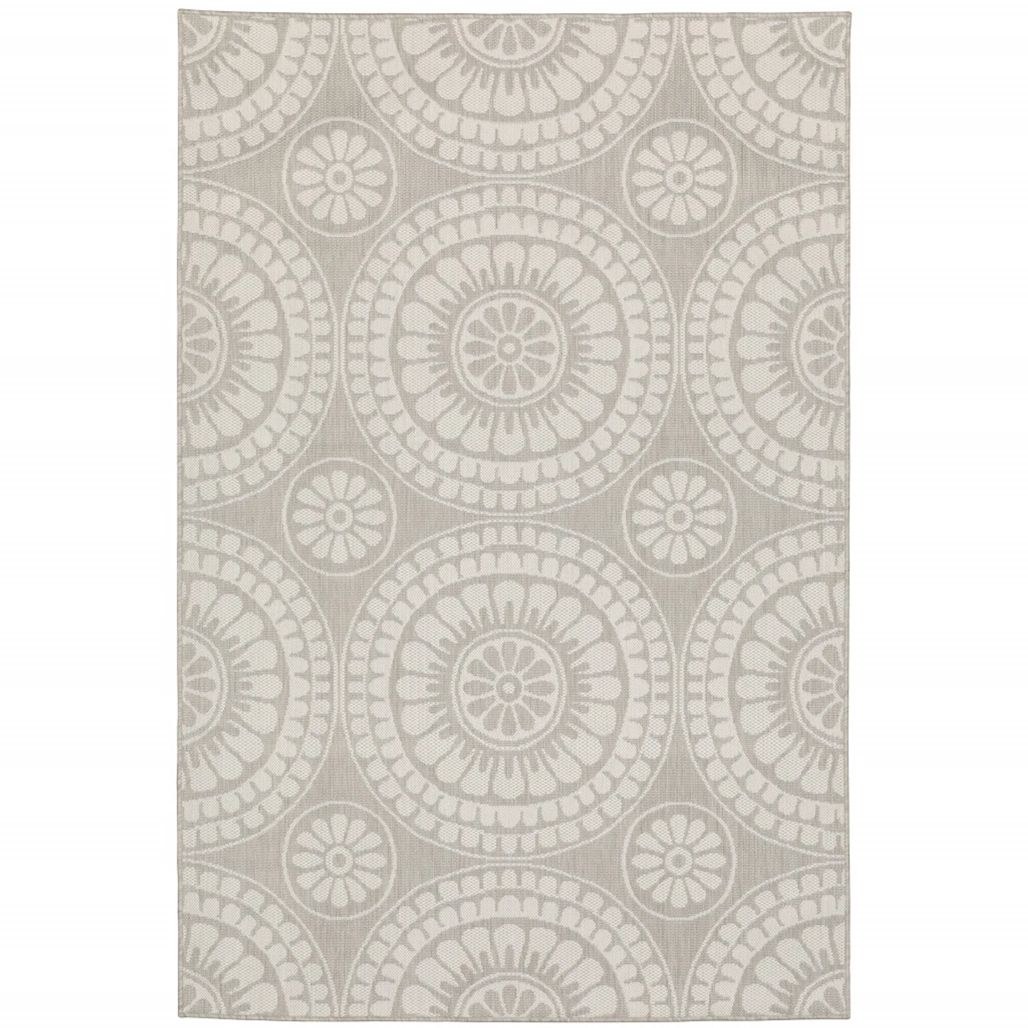7' X 9' Gray and Ivory Geometric Stain Resistant Indoor Outdoor Area Rug
