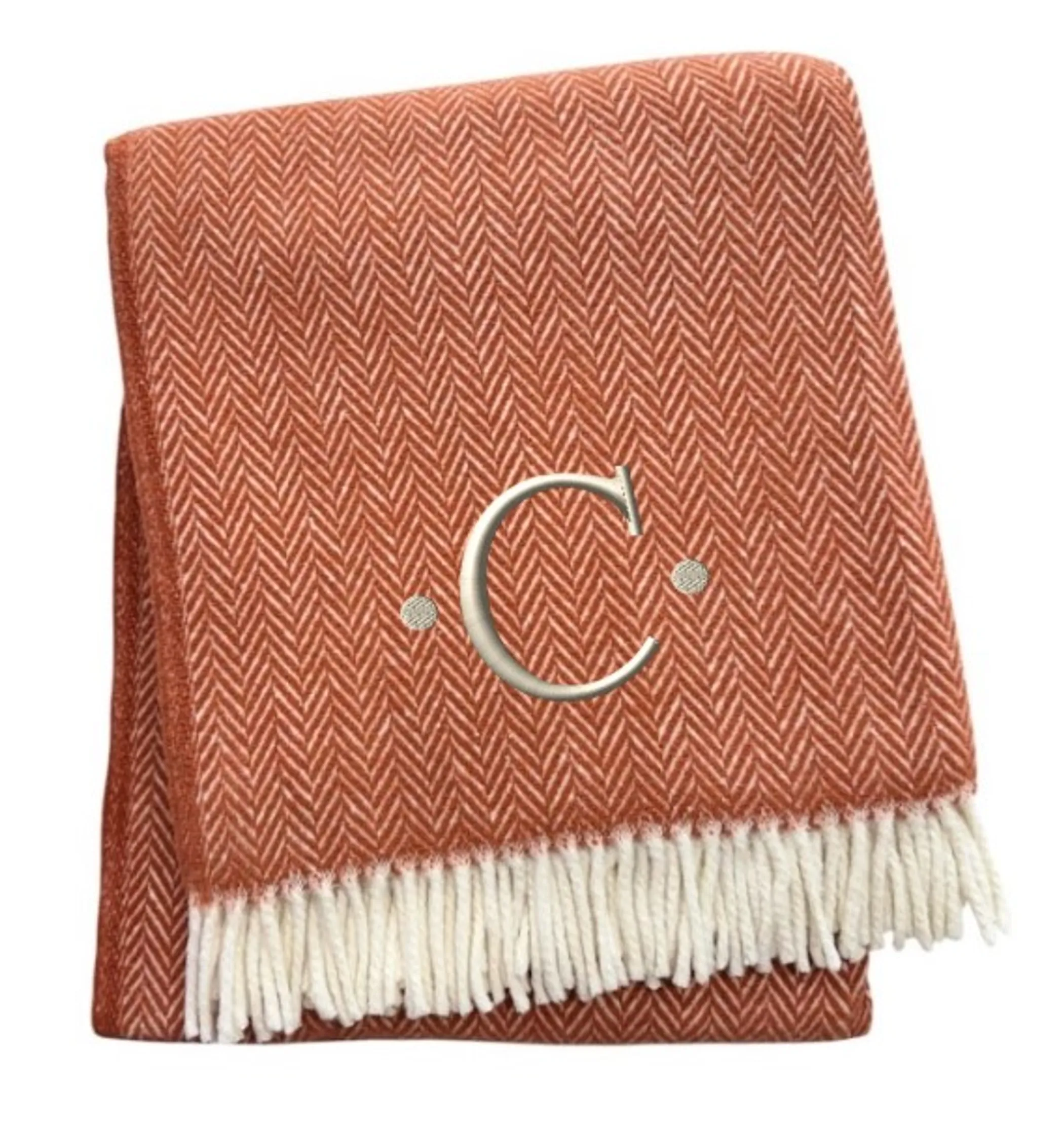 Herringbone Cotton Blend C Initial Throw Blanket with Tassels And Embroidery - Image 3