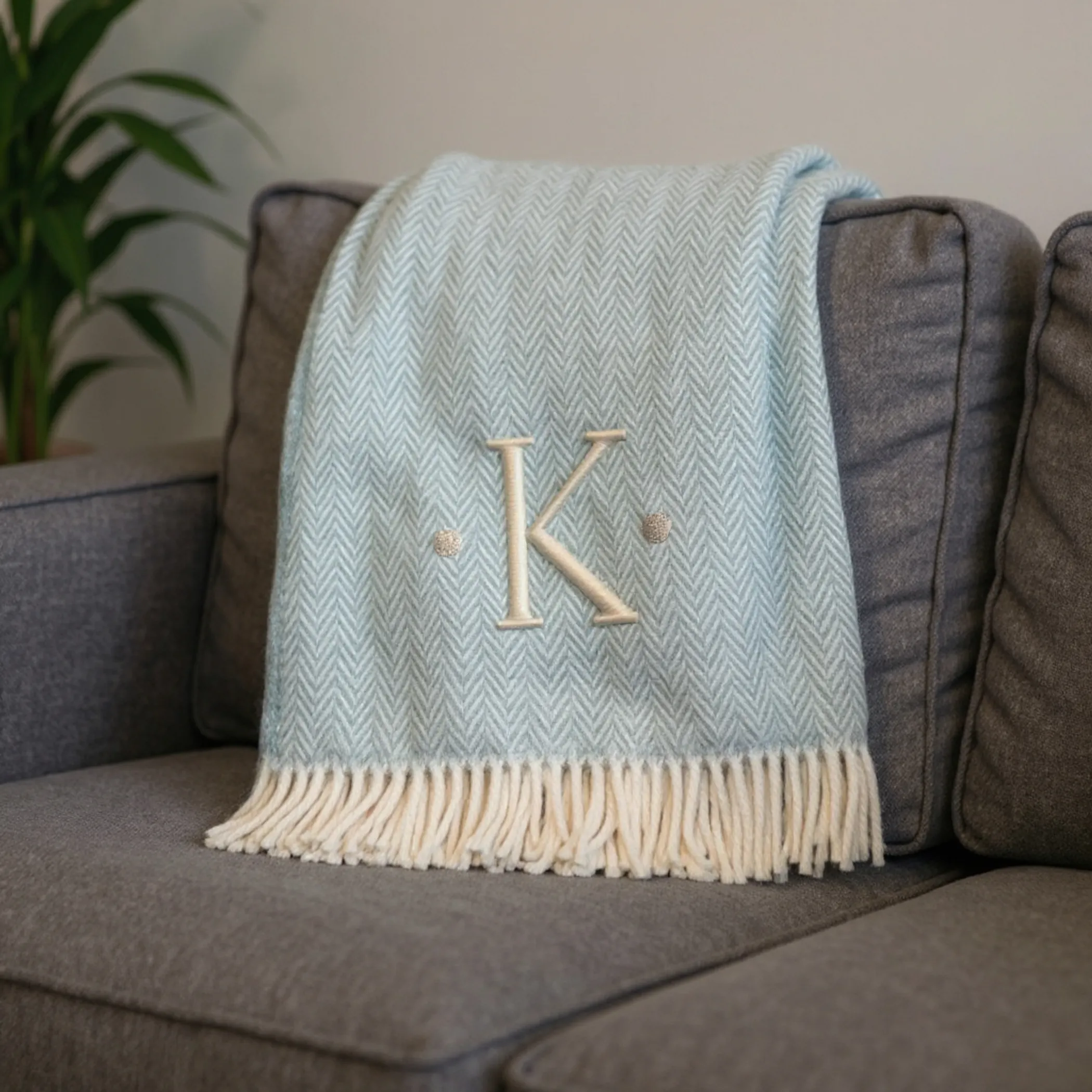 Herringbone Cotton Blend K Initial Throw Blanket with Tassels And Embroidery - Image 2