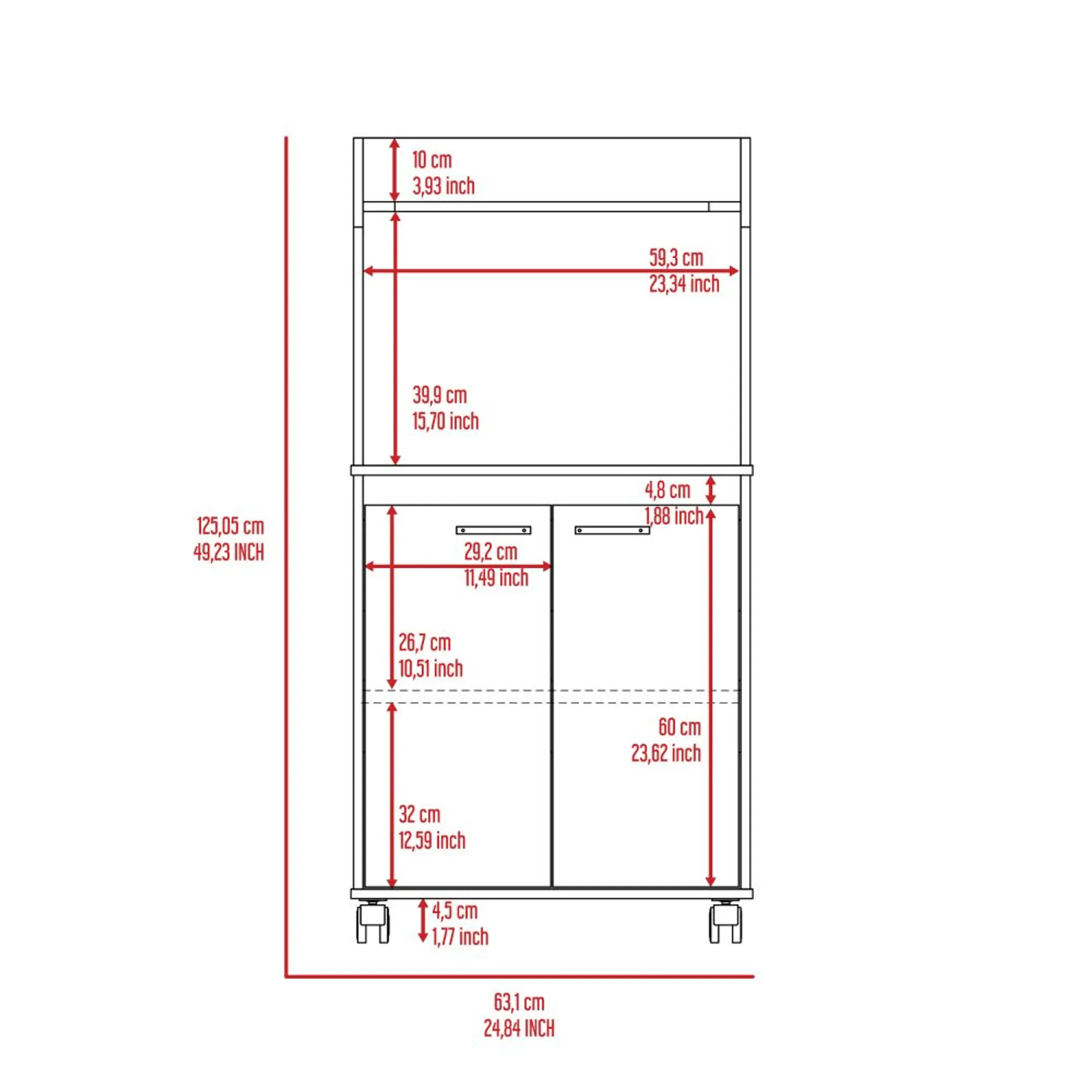 Kira Kitchen Kart, Double Door Cabinet, One Open Shelf, Two Interior Shelves - Image 4