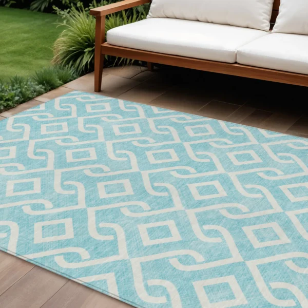 10' X 14' Aqua And Ivory Geometric Washable Indoor Outdoor Area Rug