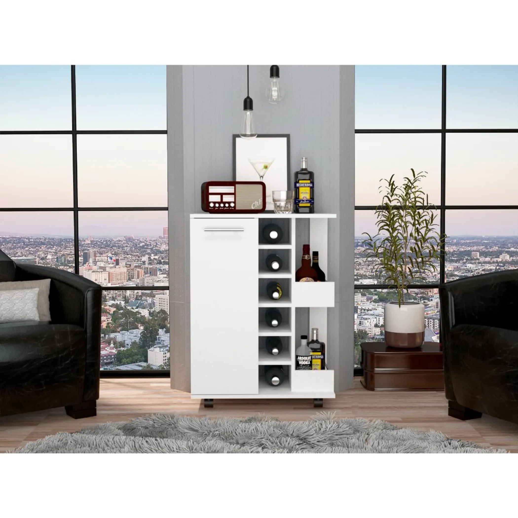 Bar Cart, Two External Shelves, Four Casters, Six Wine Cubbies, Single Door Cabinet - Image 2