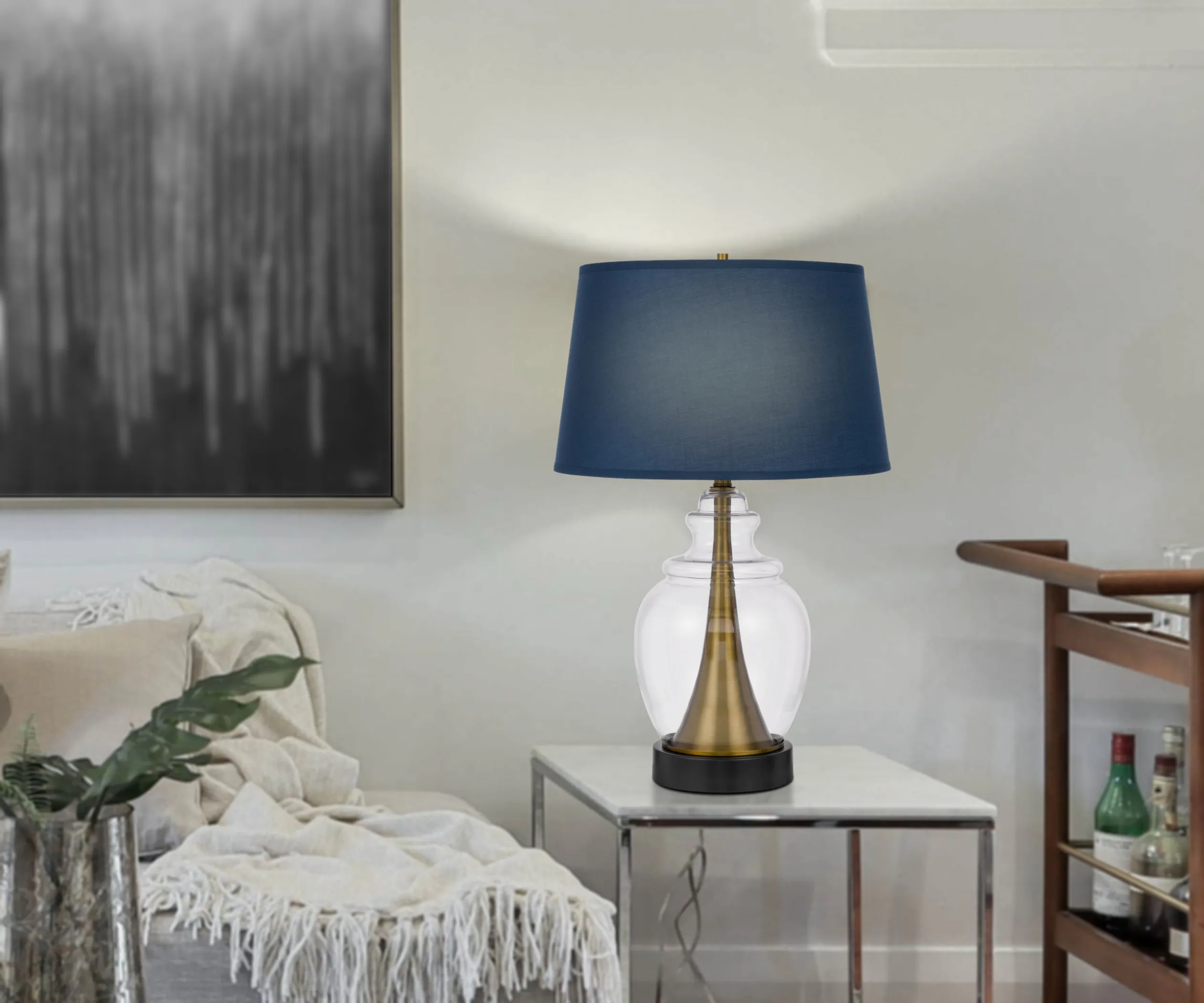 30" Black Metal Urn Table Lamp With Navy Blue Empire Shade - Image 2