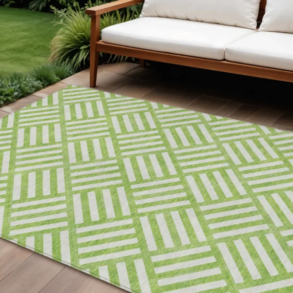 9' X 12' Lime Green And Ivory Geometric Washable Indoor Outdoor Area Rug