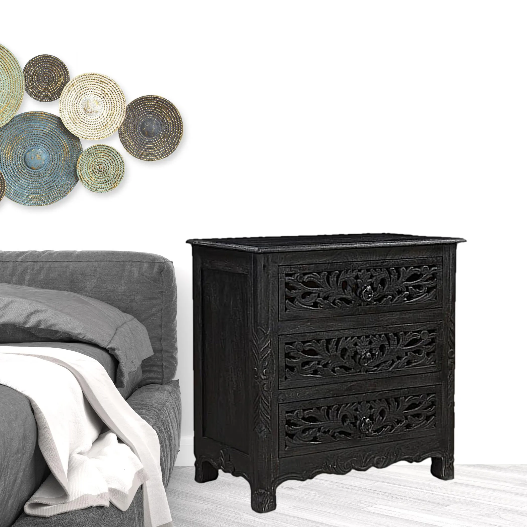 30" Black Solid Wood Distressed Three Drawer Nightstand - Image 6