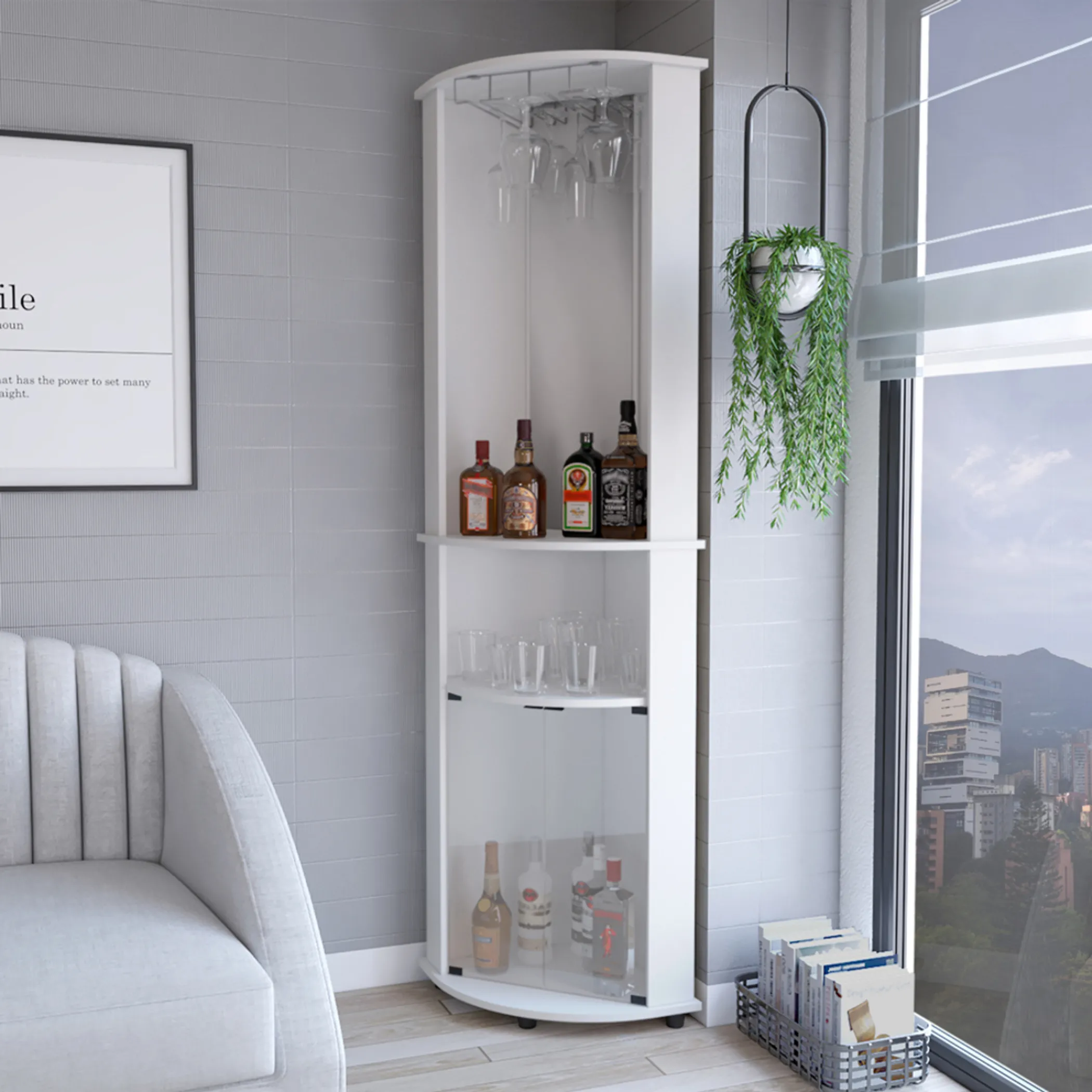 75" White Wood Corner Bar Cabinet With Three Shelves - Image 5