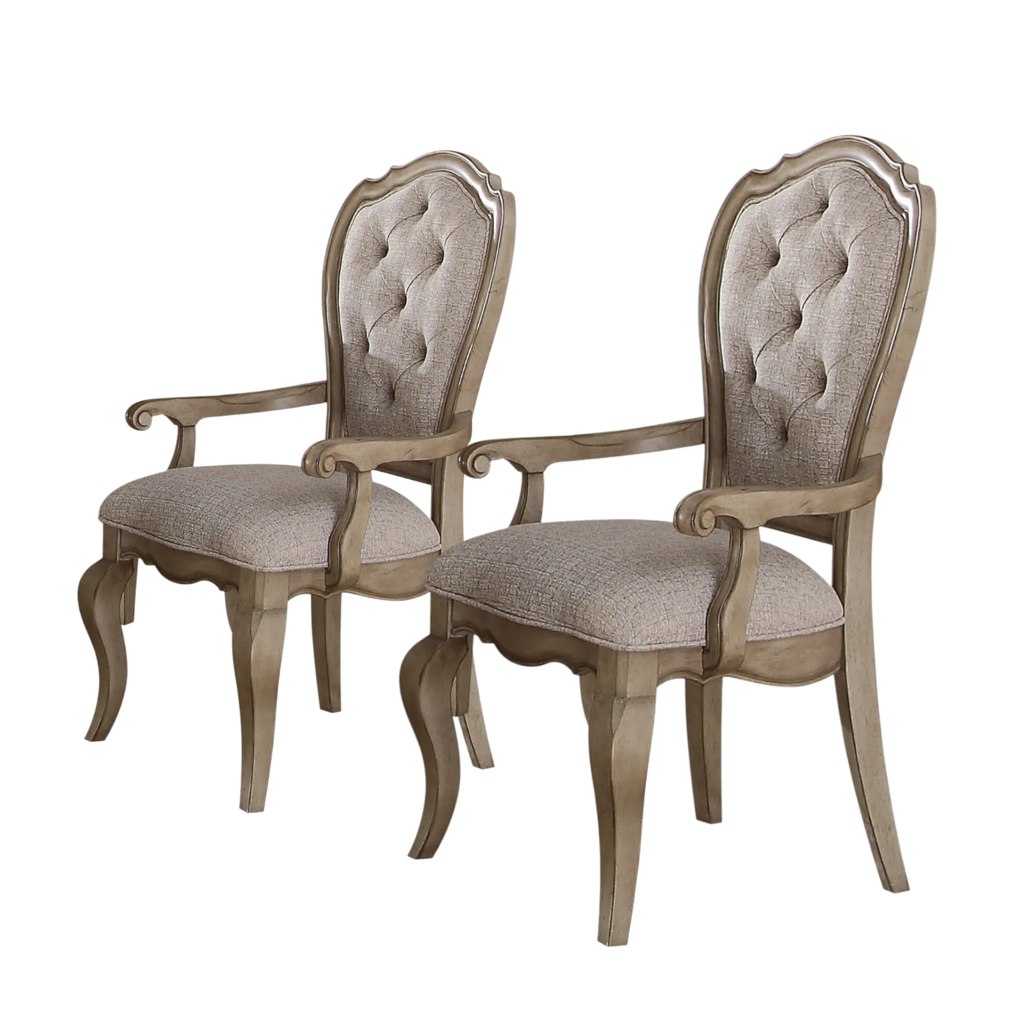 Set of Two Upholstered Fabric And Solid Wood Dining Arm Chairs - Image 2