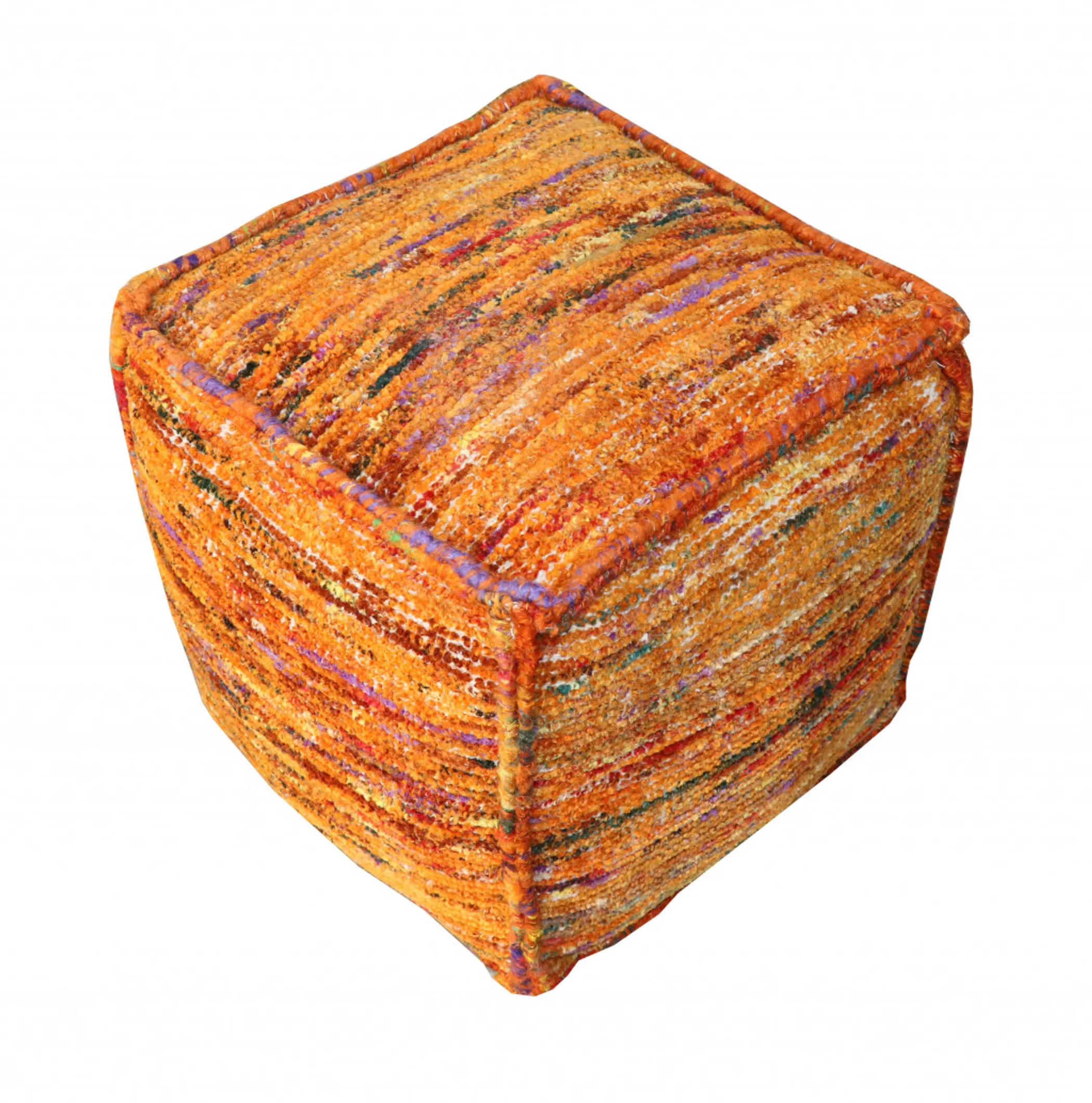 18" Orange Recycled Silk and Cotton Blend Cube Pouf Ottoman - Image 2