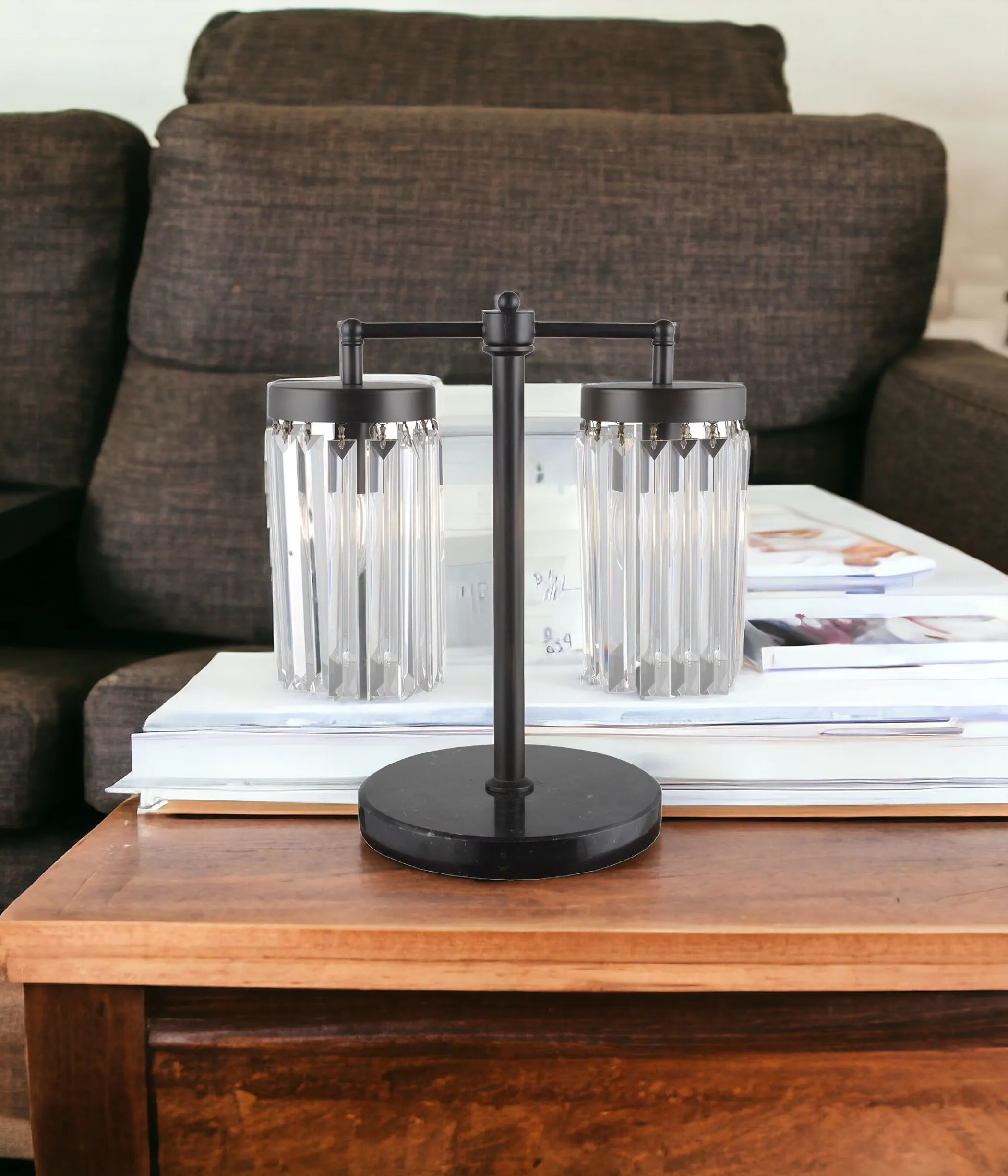 18" Black Iron Two Light Cylinder Bedside Table Lamp With Clear Cylinder Shade - Image 2