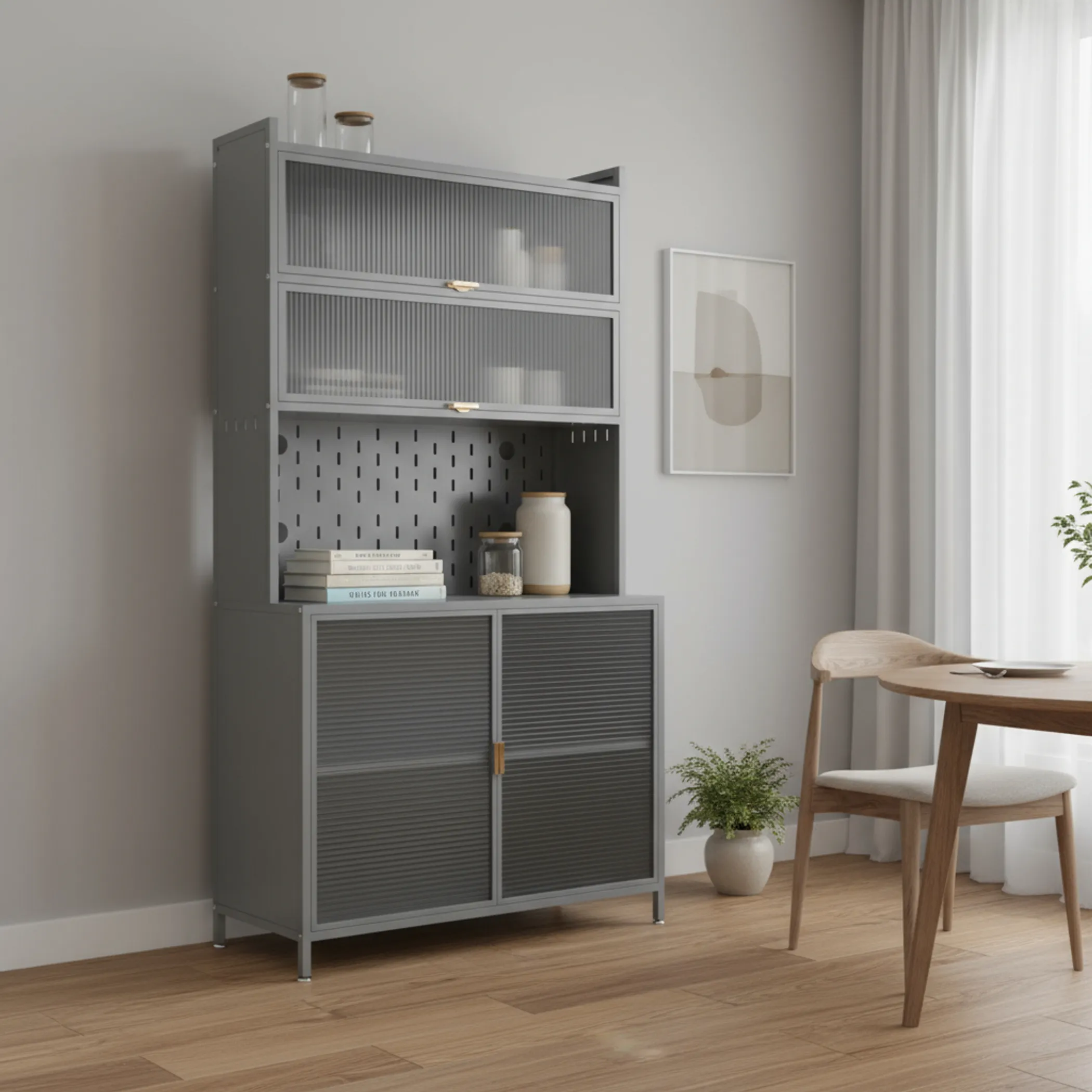 Stainless Steel Textured Door Dining Hutch With Two Doors