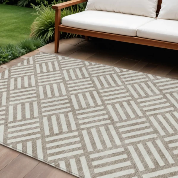 10' X 14' Taupe And Ivory Geometric Washable Indoor Outdoor Area Rug