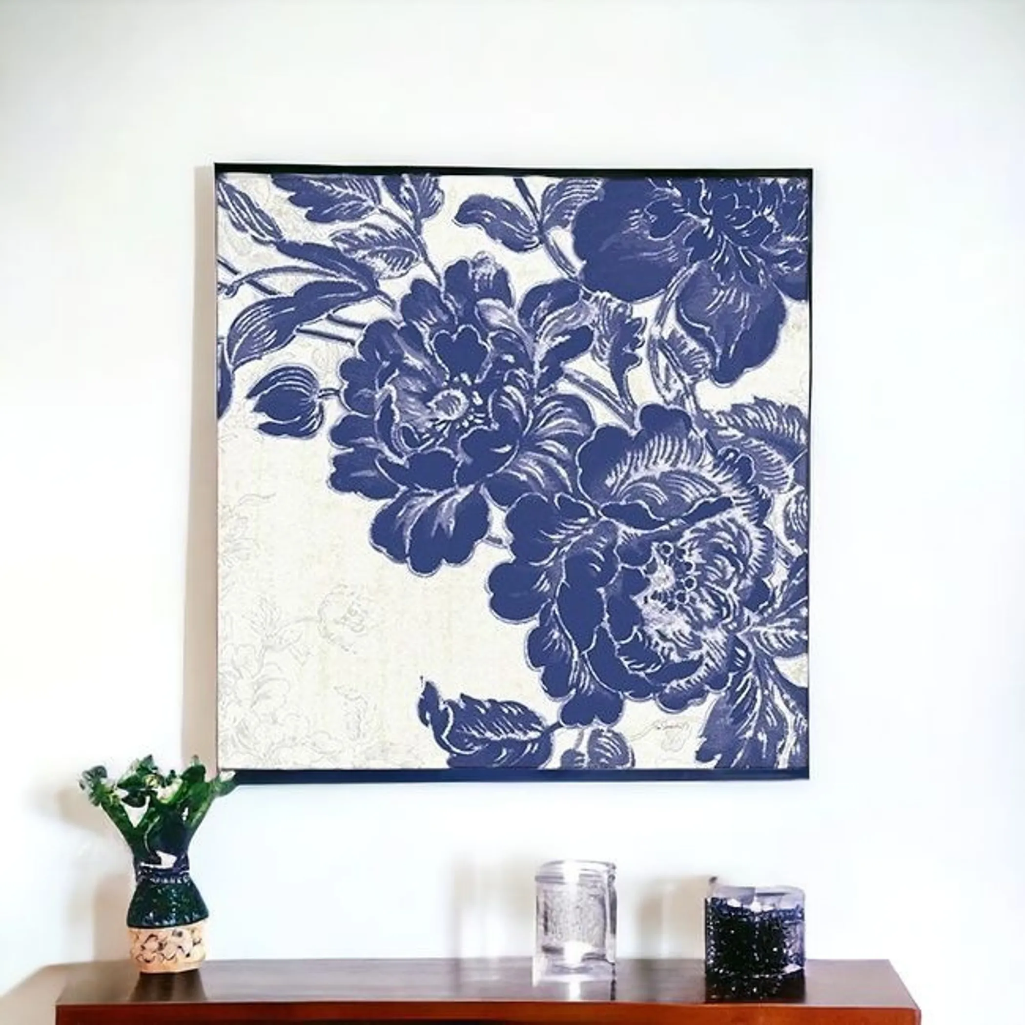 Blue Toile Rose Unframed Print Wall Art - Image 4