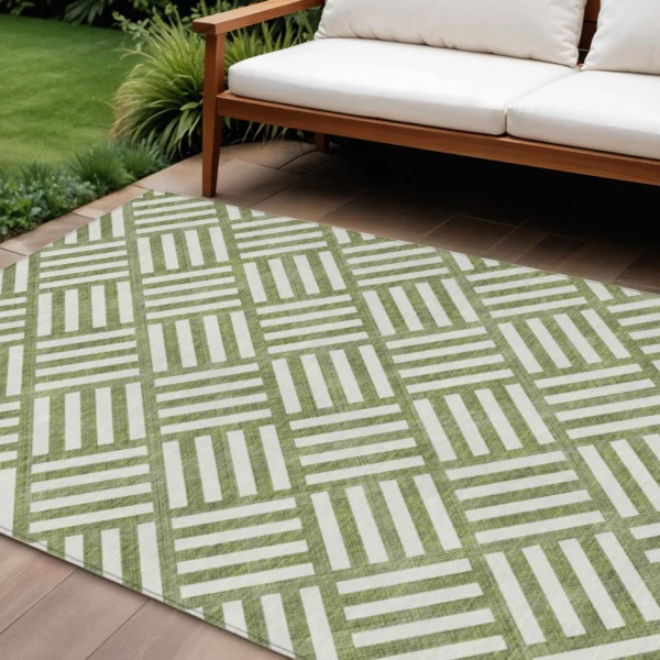 9' X 12' Olive Green And Ivory Geometric Washable Indoor Outdoor Area Rug