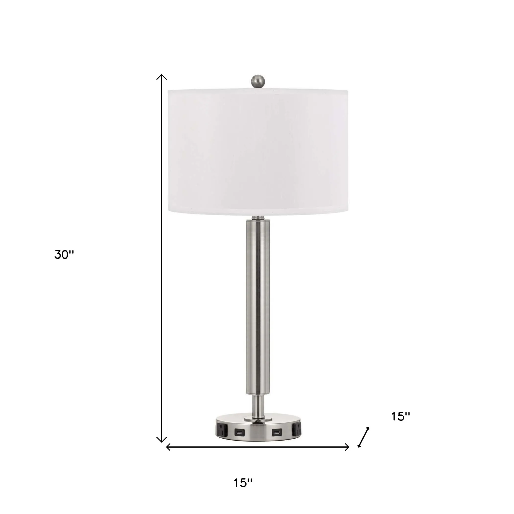 30" Nickel Metal Cylinder USB Table Lamp With White Drum Shade - Image 5